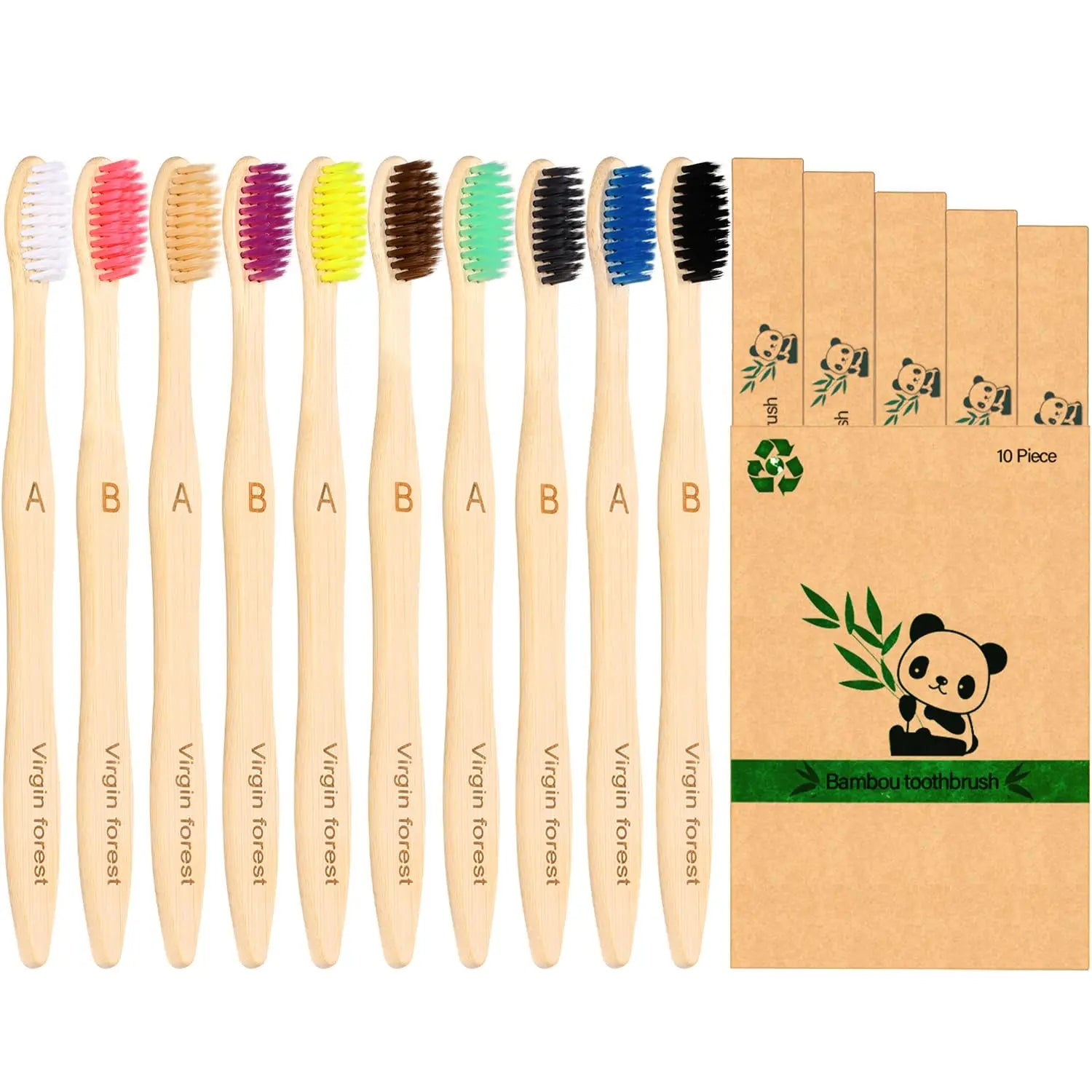 Virgin Forest 10 Count Bamboo Toothbrush, Soft Bristle for Adults, Eco Friendly Natural Wooden Toothbrushes, Vegan Organic Bamboo Travel Tooth Brush (10 Colors) - Planet First Market