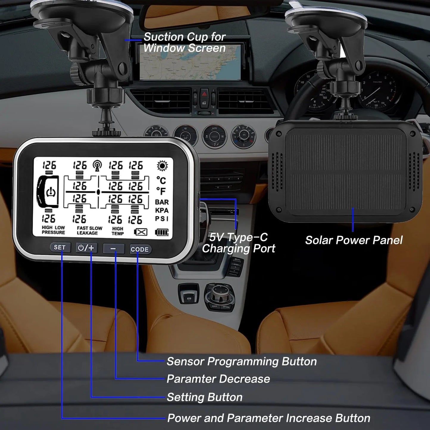 Taimster tire Pressure Monitoring System 0~199PSI (0~13 bar) 12 sensors Signal Booster Two Charging Methods: Solar Energy and USB，Multiple alertf, for Bus/Trucks/RV/Caravan/Motorhome Taimster