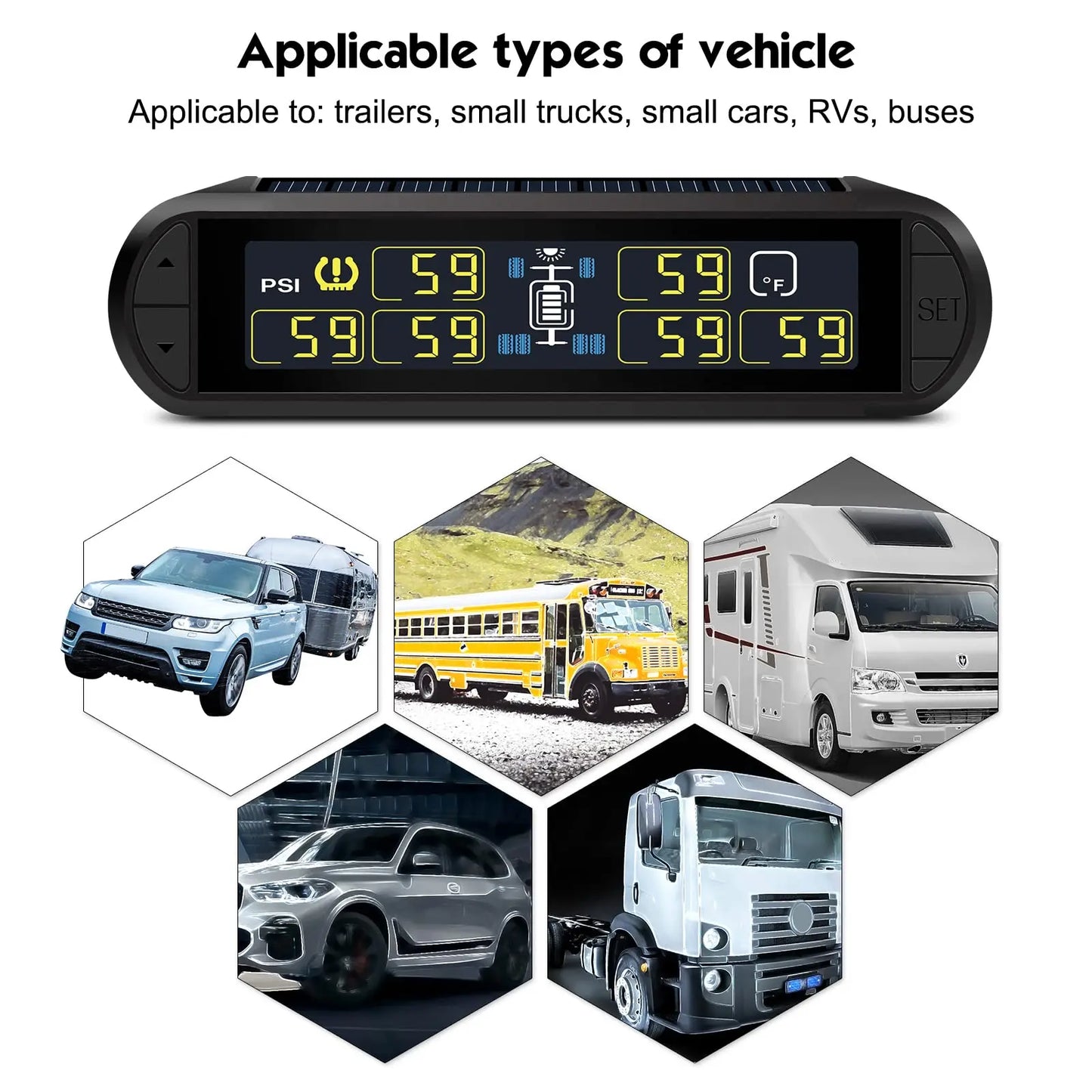 B-Qtech RV Tire Pressure Monitoring System Solar Powered High Brightness Adjustable TPMS (0~199PSI) for Trailer Travel Motorhome 6 Sensors, 5 Alarm Modes Pressure Temperature Real-time Monitor System B-Qtech