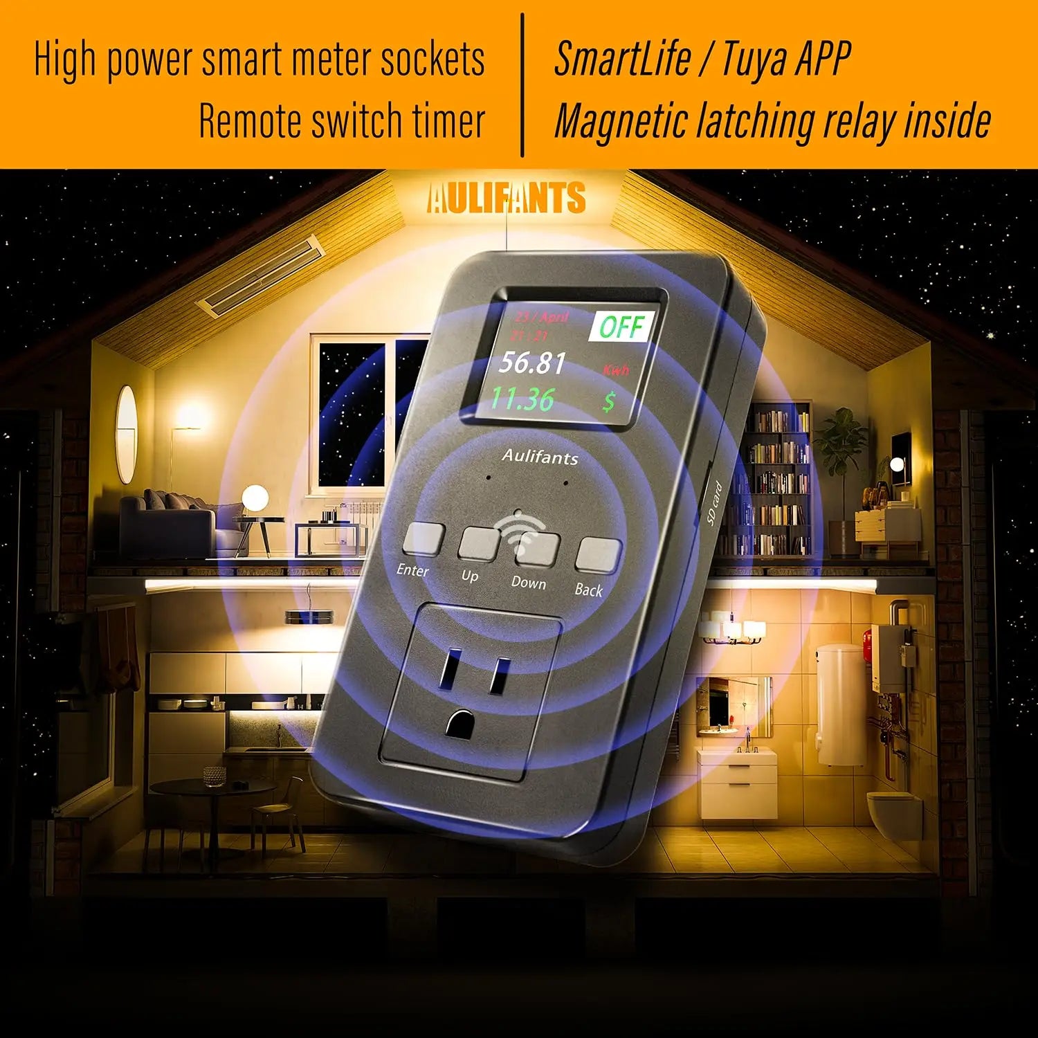 Aulifants LP405 Heavy Duty 25amp Wifi Home Smart Meter Sockets Plug Remote Control Timer Watt Power Monitor Usage Bill Overload Voltage Protection Smartlife Tuya App Voice Control SD Card Store aulifants