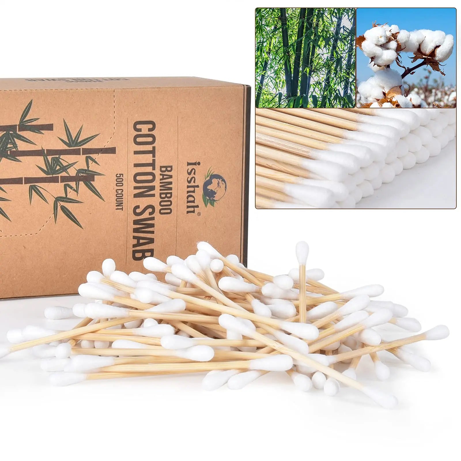 Bamboo Cotton Swabs - 500 Count - FSC Certified and PETA Approved, Eco Friendly Double Tips, Plastic Free Ear Sticks, All Natural 100% Biodegradable Organic Cotton buds by Isshah - Planet First Market