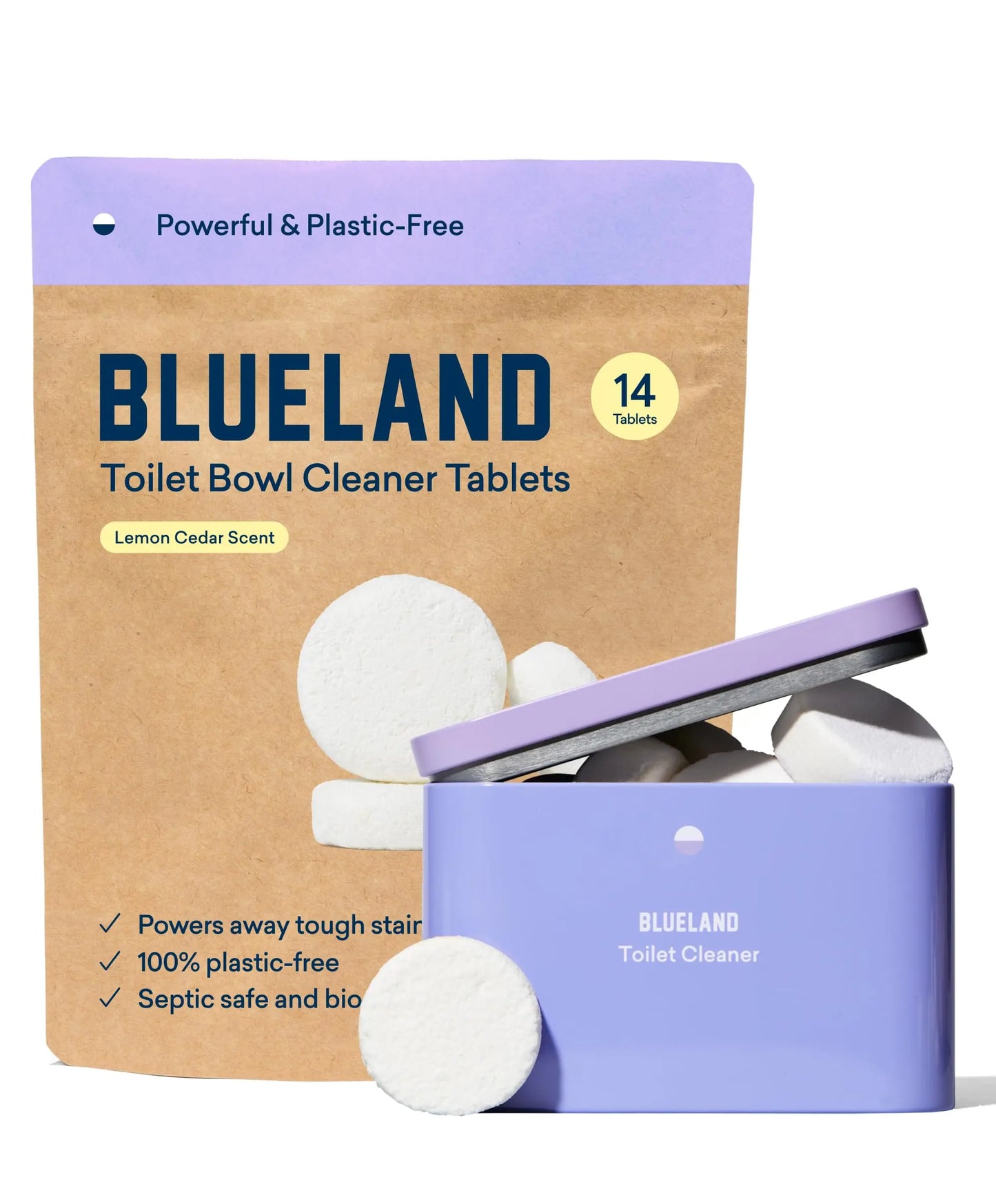 BLUELAND Toilet Bowl Cleaner Starter Set - Eco Friendly Products & Cleaning Supplies - No Harsh Chemicals, Plant-Based - Lemon Cedar - 14 tablets - Planet First Market