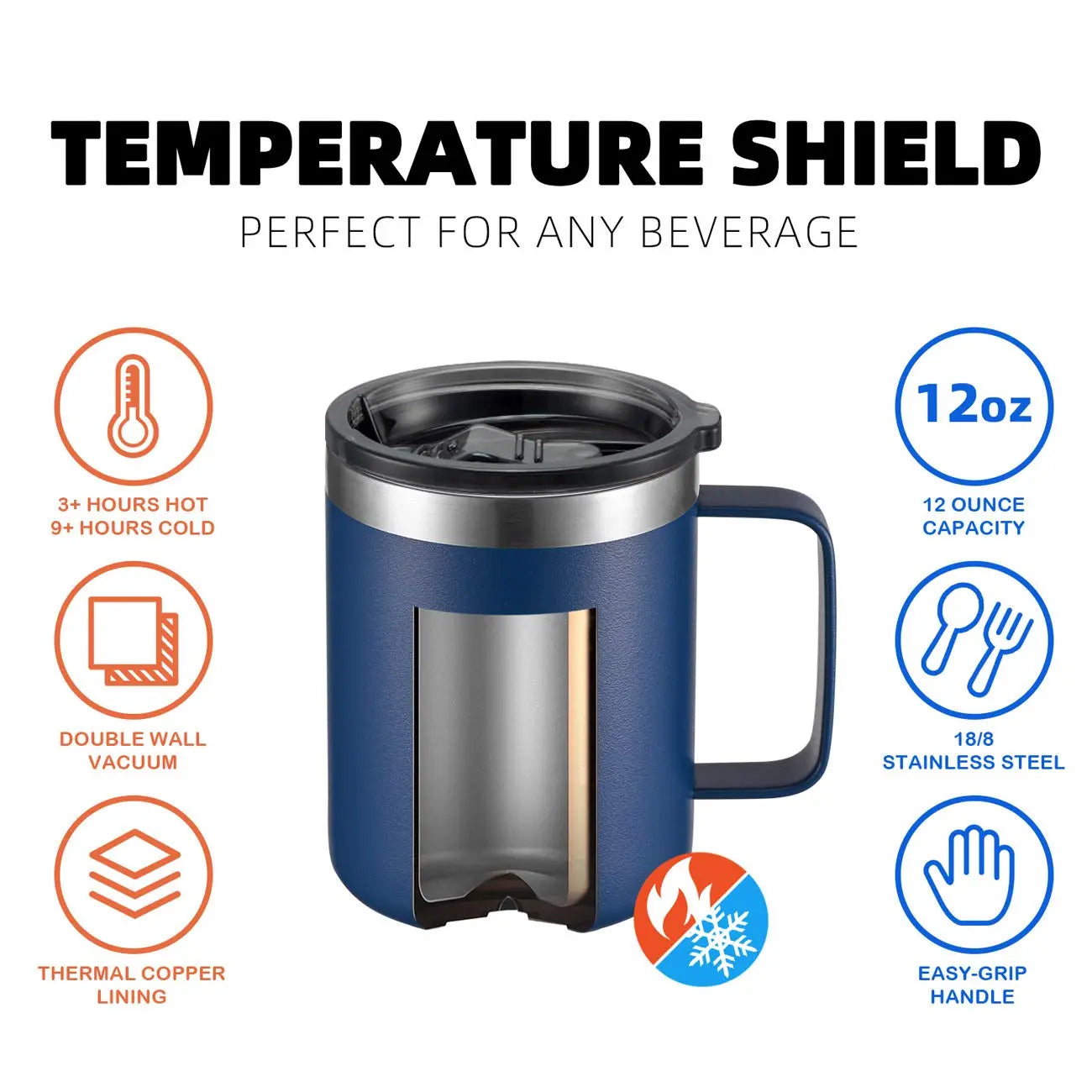 ALOUFEA 12oz Stainless Steel Insulated Coffee Mug with Handle, Double Wall Vacuum Travel Mug, Tumbler Cup with Sliding Lid, Navy - Planet First Market