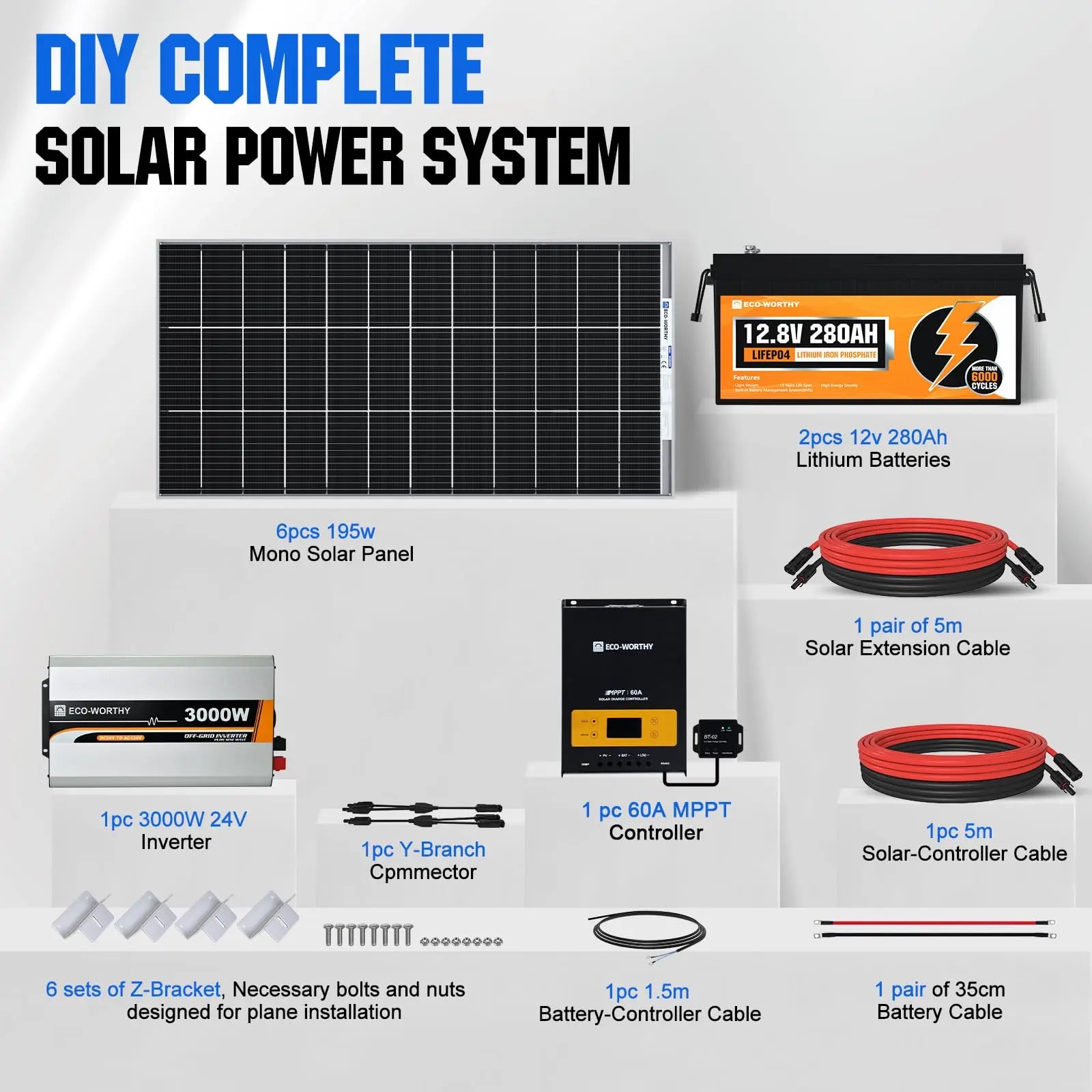 [Ultra] ECO-WORTHY 1200W 24V 5.52KWH Lithium Battery Solar System Off Grid:6pcs 195W Bifacial Solar Panels+2Pcs 12.8V 280Ah Lithium Battery+60A MPPT Charge Controller+3000W Pure Sine Wave Inverter - Planet First Market