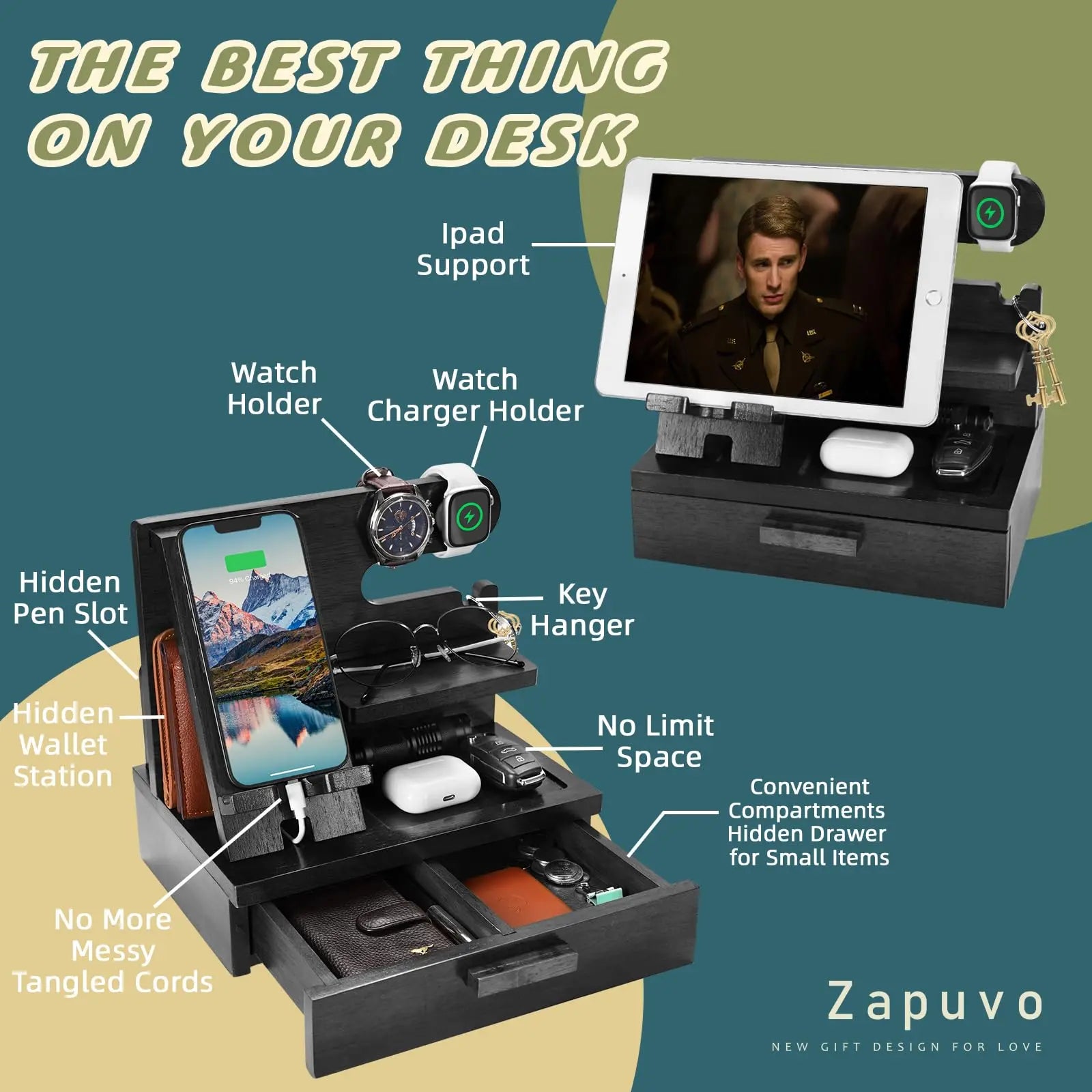 ZAPUVO Men Gifts for Dad Husband Him Valentines Day from Daughter Son Wife, Wood Phone Docking Station with Drawer Nightstand Organizer, Birthday Gifts for Him Anniversary, Cool Gadgets for Boyfriend - Planet First Market