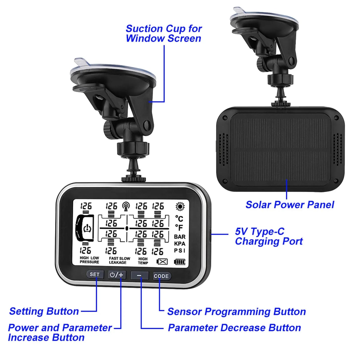 Taimster tire Pressure Monitoring System 0~199PSI (0~13 bar) 12 sensors Signal Booster Two Charging Methods: Solar Energy and USB，Multiple alertf, for Bus/Trucks/RV/Caravan/Motorhome Taimster