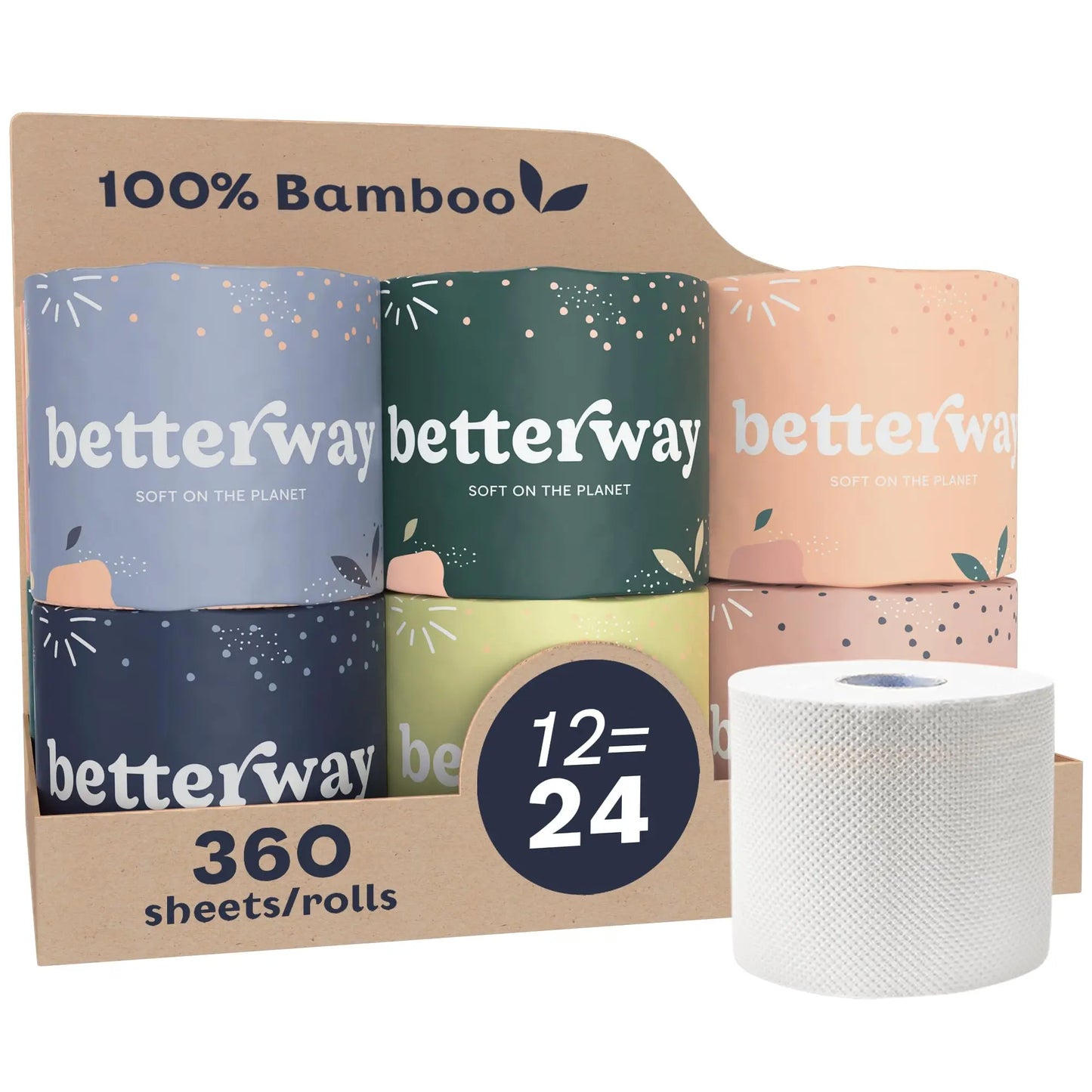 Betterway Bamboo Toilet Paper 3 Ply - Sustainable Toilet Tissue - 12 Double Rolls & 360 Sheets Per Roll - Septic Safe - Organic, Plastic Free - FSC Certified - Planet First Market