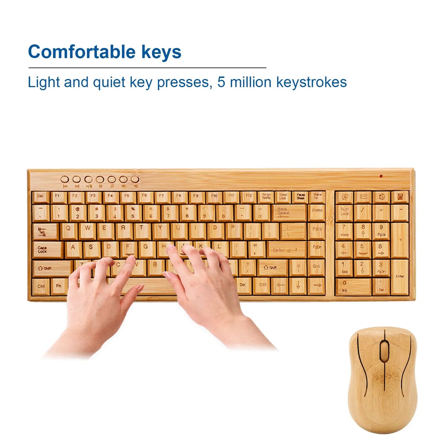 PenRux Keyboard and Mouse, Bamboo Wood Full Sized Keyboard, Unique Compact Mouse, 2.4 GHz USB Receiver for Windows, Laptop Computer, PC Desktop, Plug and Play (Keyboard) - Planet First Market