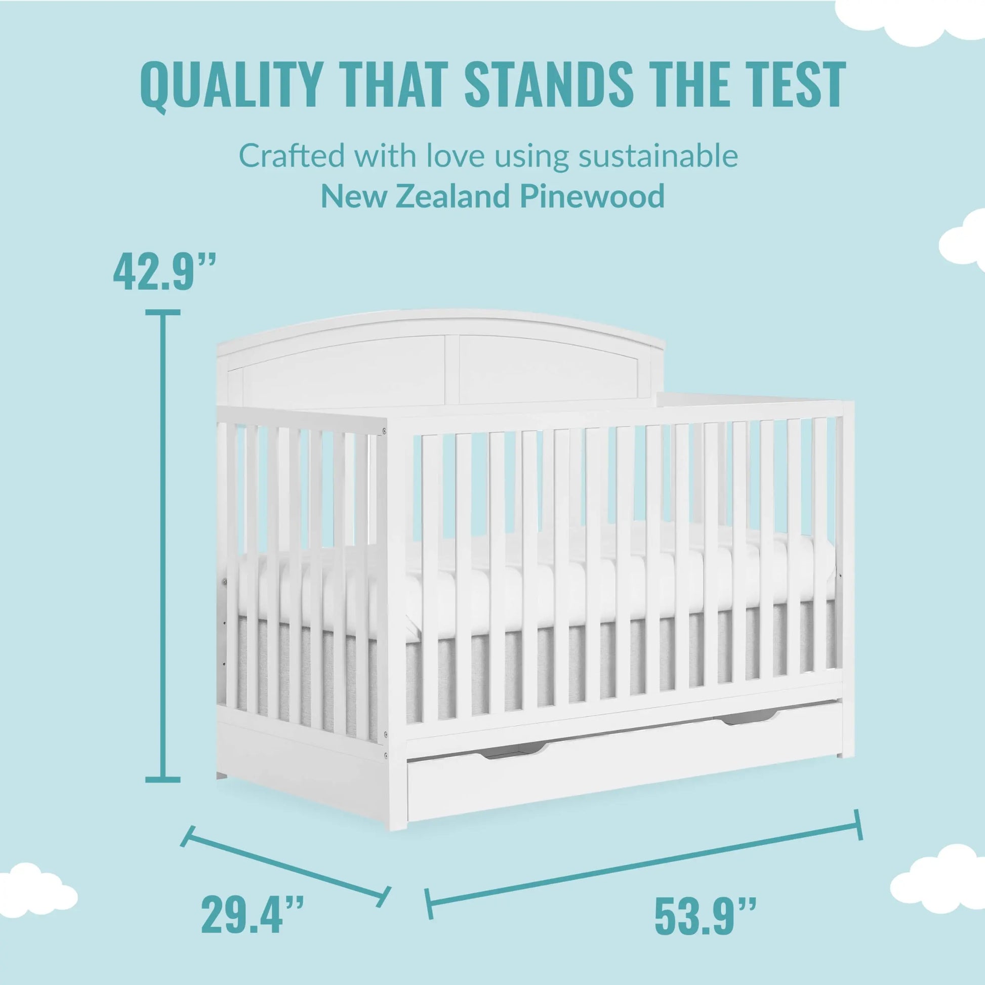 Dream On Me Storybrooke 5 in 1 Convertible Crib with Storage Drawer in White, JPMA & Greenguard Gold Certified, Made of Sustainable Pinewood, Non-Toxic Water-Based Paint Finish - Planet First Market