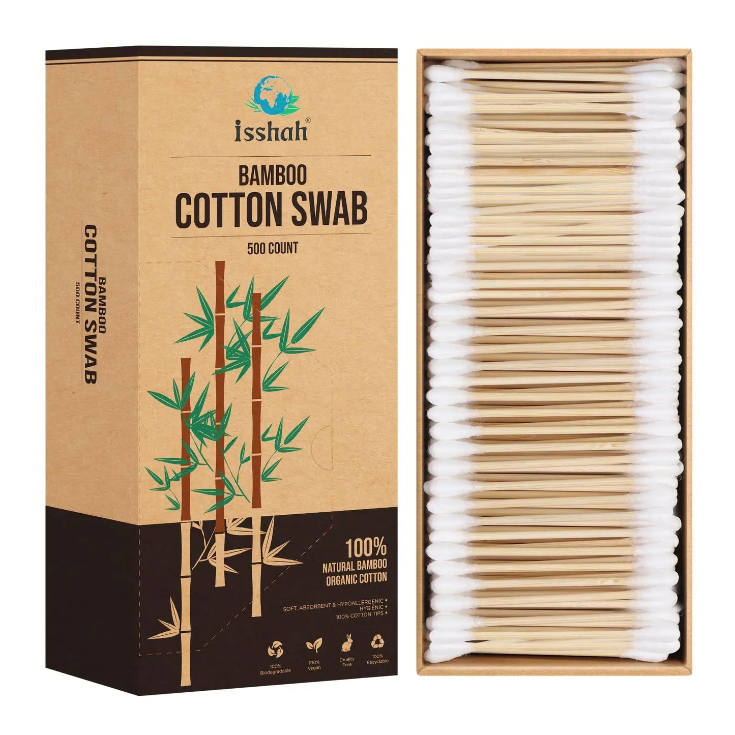 Bamboo Cotton Swabs - 500 Count - FSC Certified and PETA Approved, Eco Friendly Double Tips, Plastic Free Ear Sticks, All Natural 100% Biodegradable Organic Cotton buds by Isshah - Planet First Market