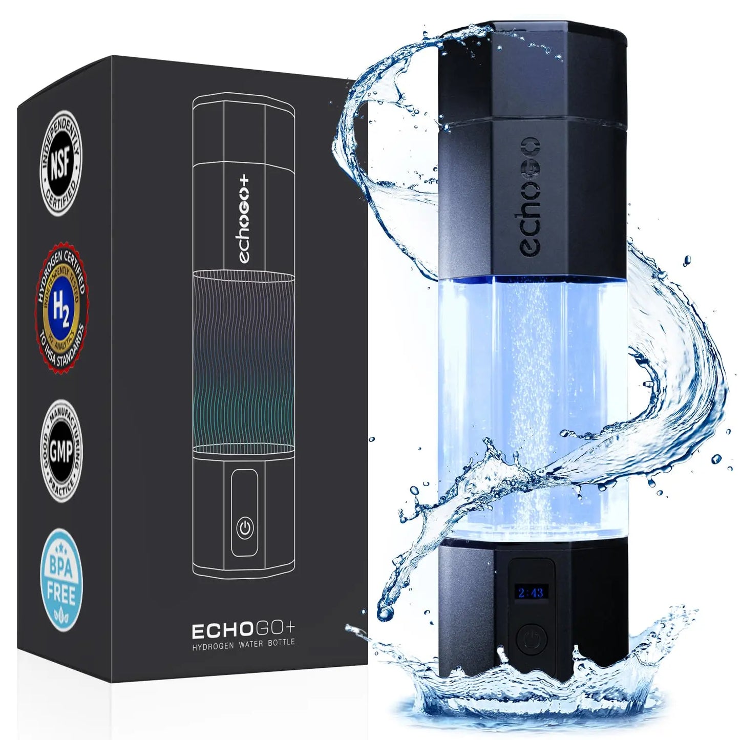 Echo Go+ Hydrogen Water Bottle - Water Ionizer Up to 4.5PPM - SPE & PEM Hydrogen Water Generator - Alternative to Hydrogen Water Pitcher - Black Hydrogenated Water Bottle - Planet First Market