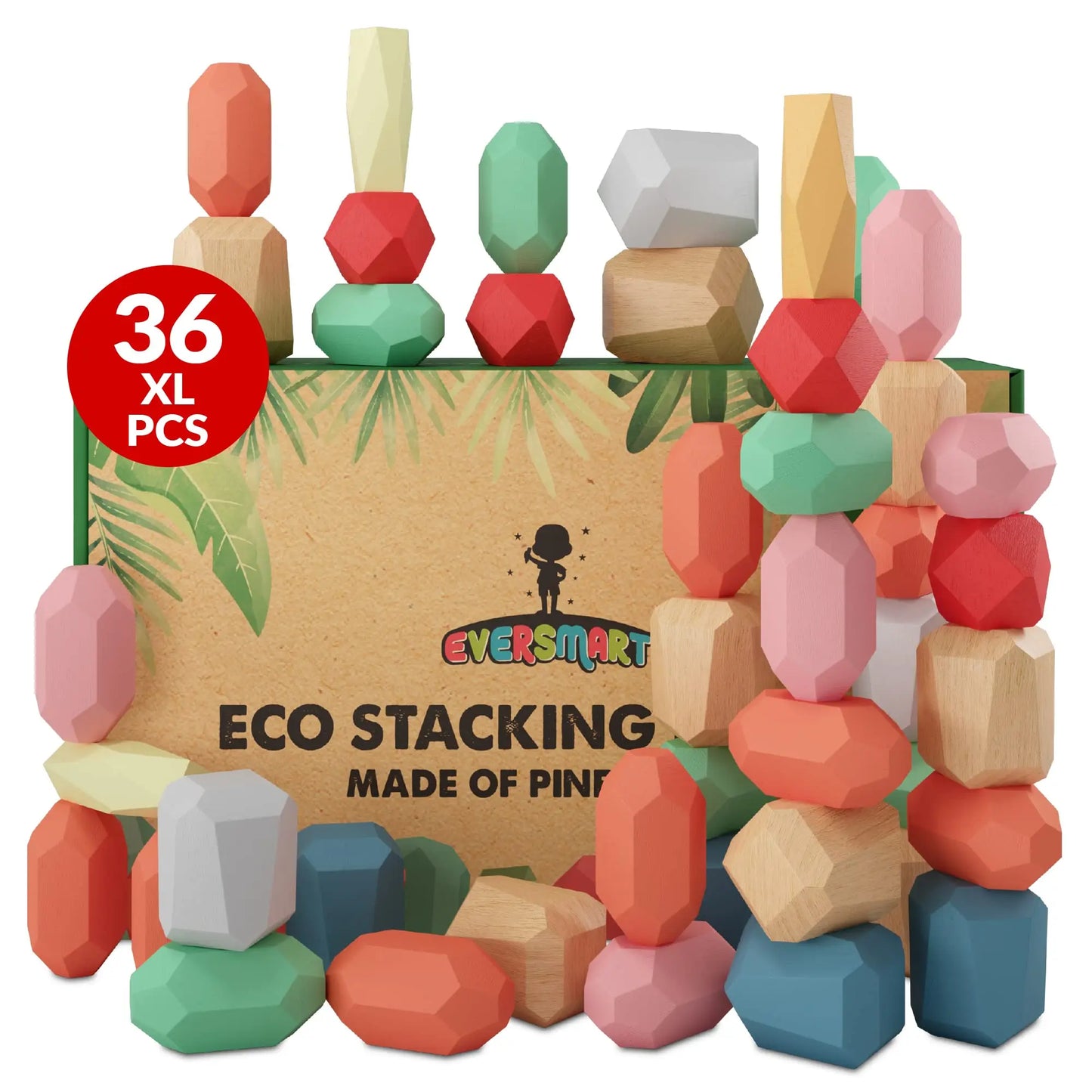 EVERSMART 36 Pcs Wooden Stacking Blocks – Montessori Toys for 1 2 3 4 5 6 Year Old Toddlers and Kids, XL Rocks, No Choking Hazard – Sensory STEM Building Stones, for Girls and Boys EVERSMART