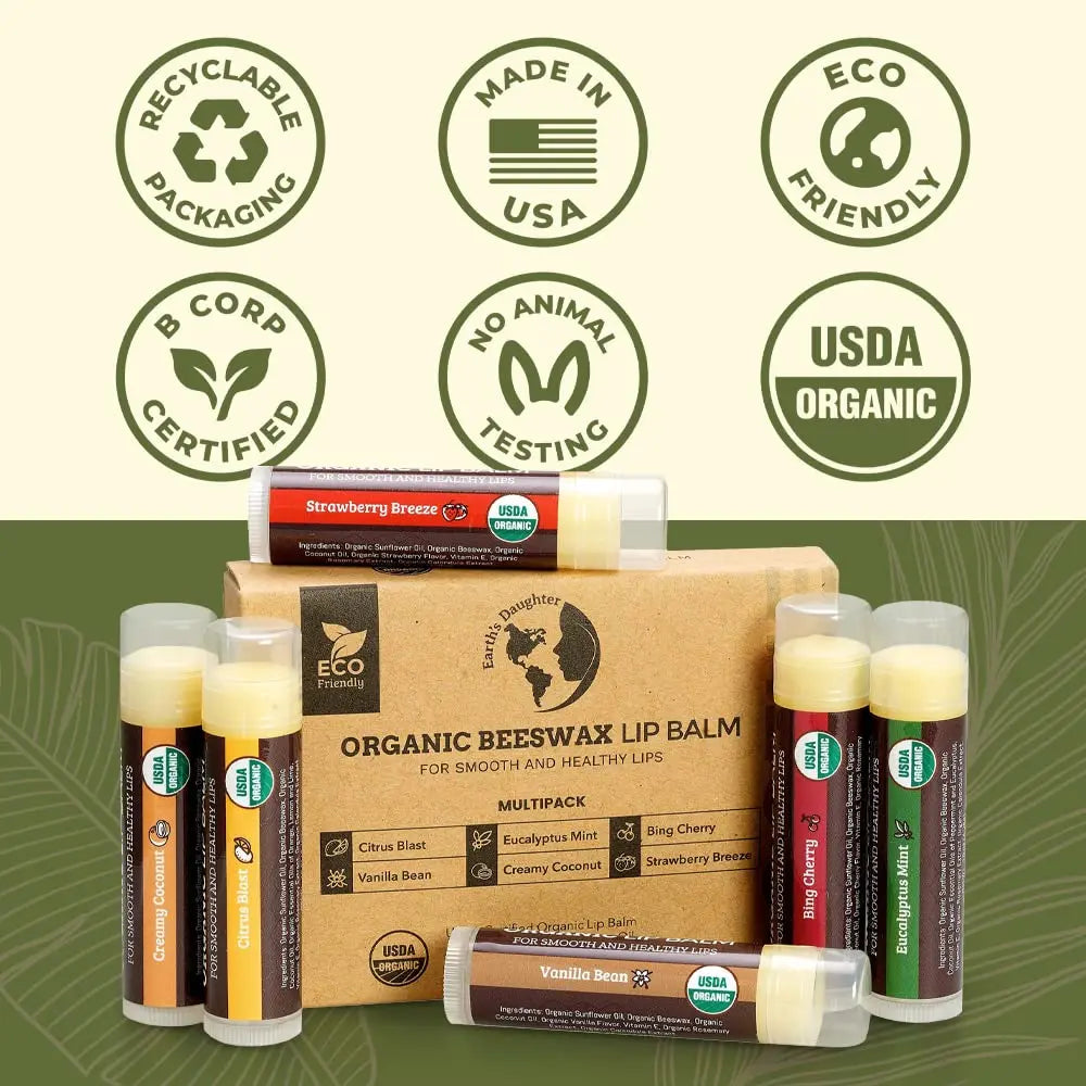 USDA Organic Lip Balm 6-Pack by Earth's Daughter - Fruit Flavors, Beeswax, Coconut Oil, Vitamin E - Best Lip Repair Chapstick for Dry Cracked Lips - Moisturizing Lip Care - Planet First Market