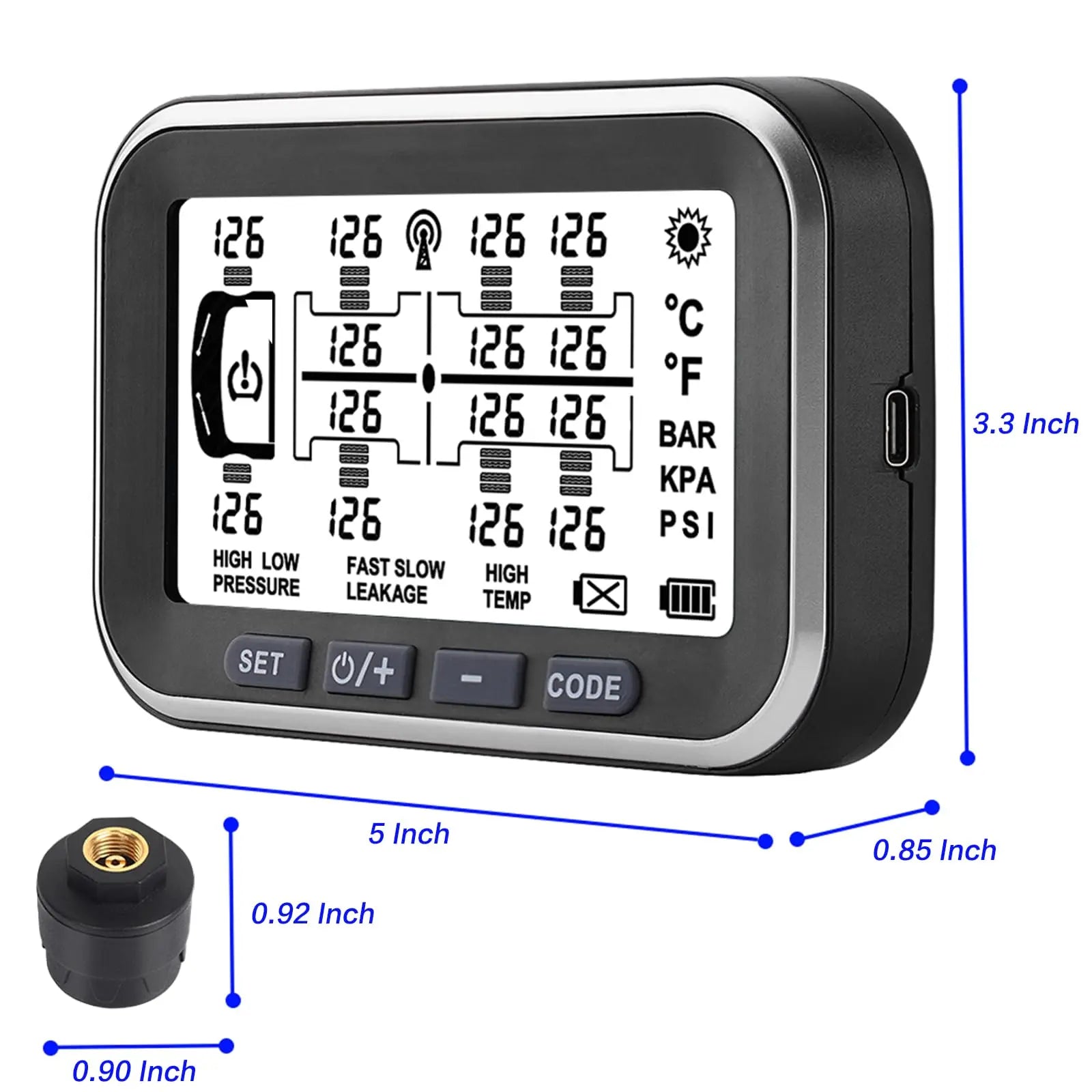 Taimster tire Pressure Monitoring System 0~199PSI (0~13 bar) 12 sensors Signal Booster Two Charging Methods: Solar Energy and USB，Multiple alertf, for Bus/Trucks/RV/Caravan/Motorhome Taimster