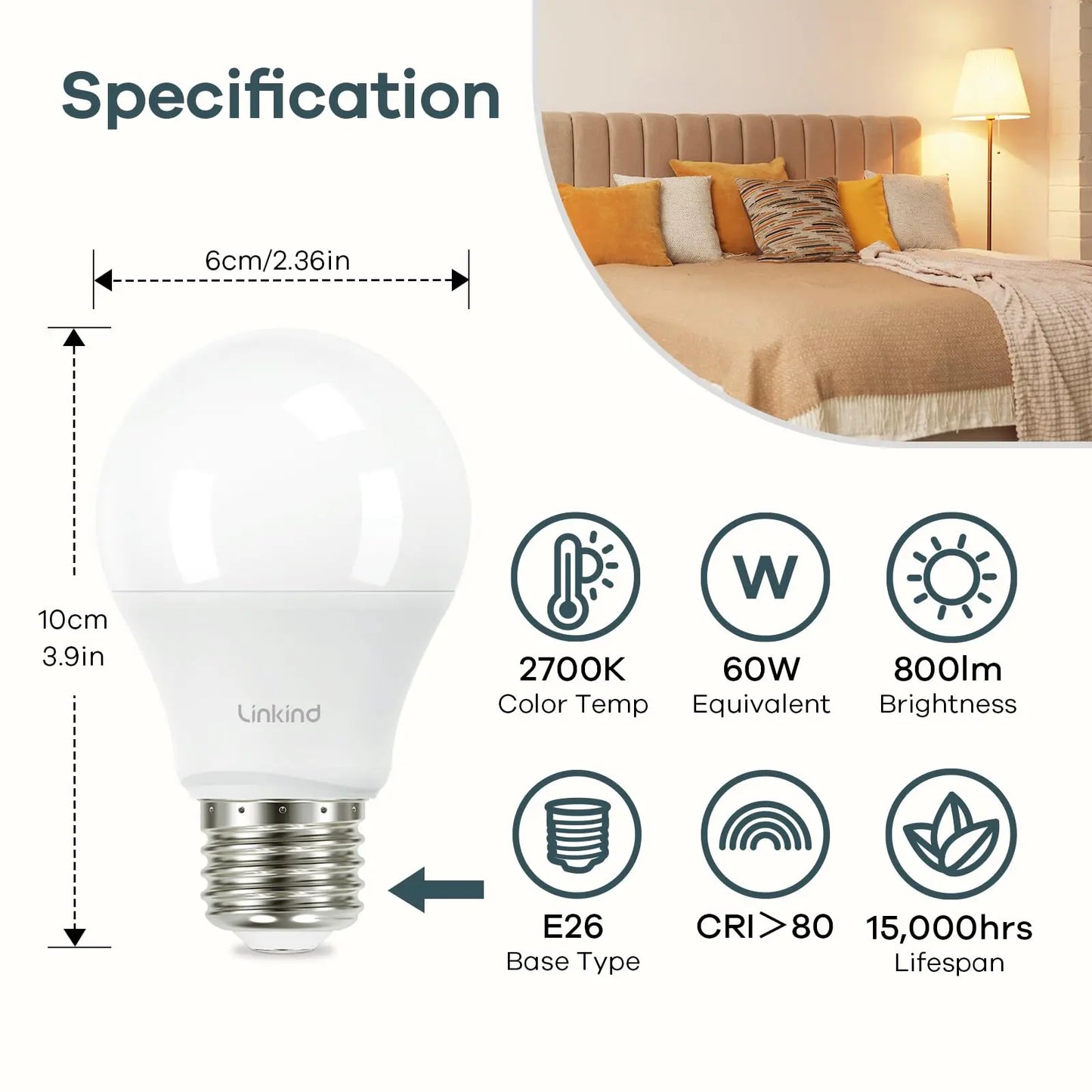 Linkind A19 LED Light Bulb, 60W Equivalent, 9W 2700K Soft White Light Bulbs, 800 Lumens Non-Dimmable LED Bulbs, E26 Standard Base, Energy Efficient UL Listed for Bedroom Home Office, 6 Packs - Planet First Market