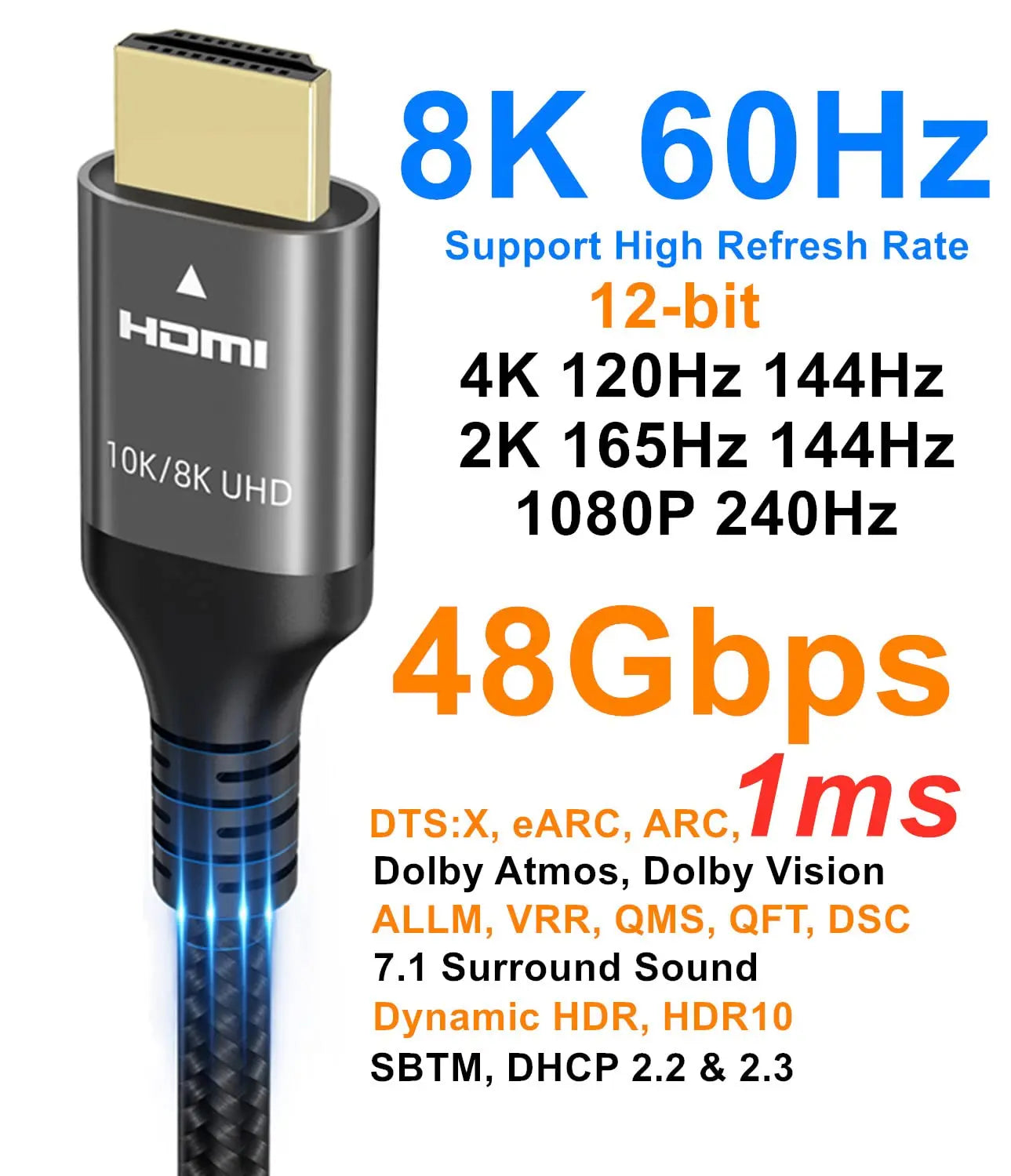 Ubluker 10K 8K 4K HDMI Cable 48Gbps 6.6 FT, Certified Ultra High Speed HDMI® Cable 4K 240Hz 144Hz 120Hz 8K60Hz 0.01ms HDR10+ eARC HDCP2.3 Netflix Roku TV PC Monitor Projector PS5 Xbox - Planet First Market