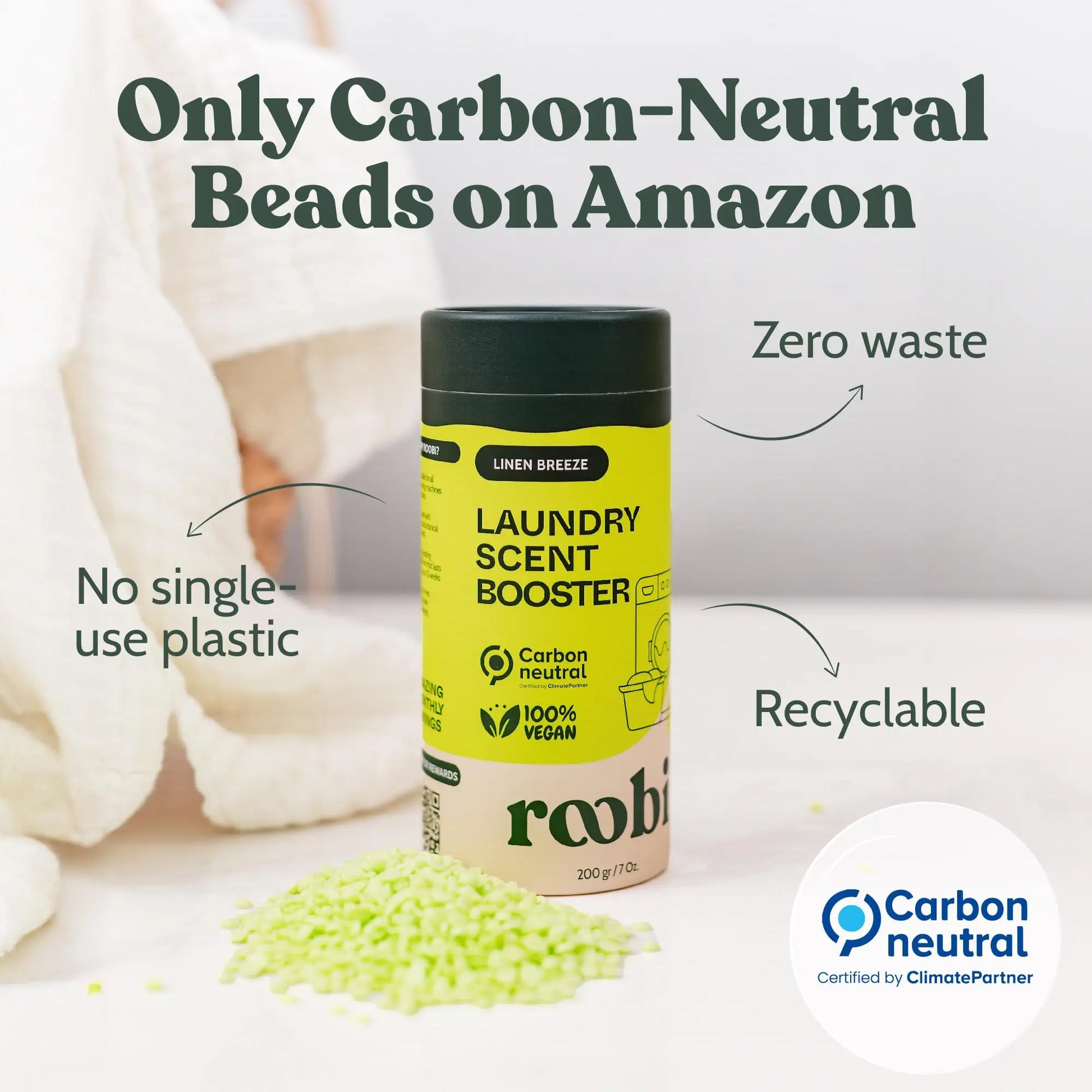 Roobi Sustainable Laundry Scent Booster Beads. Linen Breeze Fragrance Laundry Beads. Up to 20 Washing Cycles. Carbon Neutral, 100% Vegan. - Planet First Market