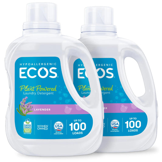 ECOS Laundry Detergent Liquid, 200 Loads - Dermatologist Tested Laundry Soap - Hypoallergenic, EPA Safer Choice Certified, Plant-Powered - Lavender, 100 Fl Oz (Pack of 2) - Planet First Market