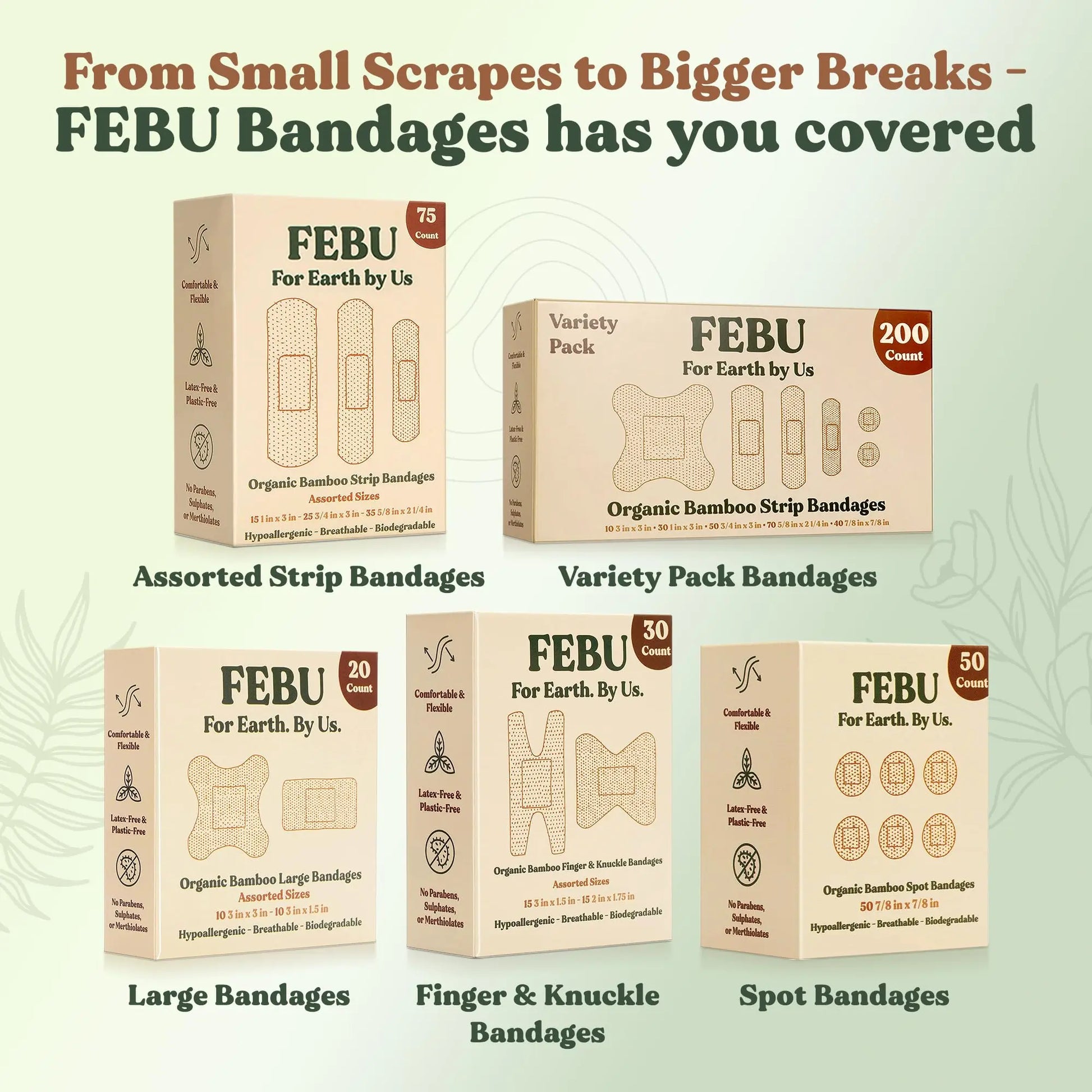 FEBU Eco-Friendly Organic Bamboo Fabric Bandages | PFAS Free Flexible Fabric Bandages | Latex Free Bandage | Natural Hypoallergenic Bandage for Scrapes, Cuts & First Aid | 75 Count Pack - Planet First Market