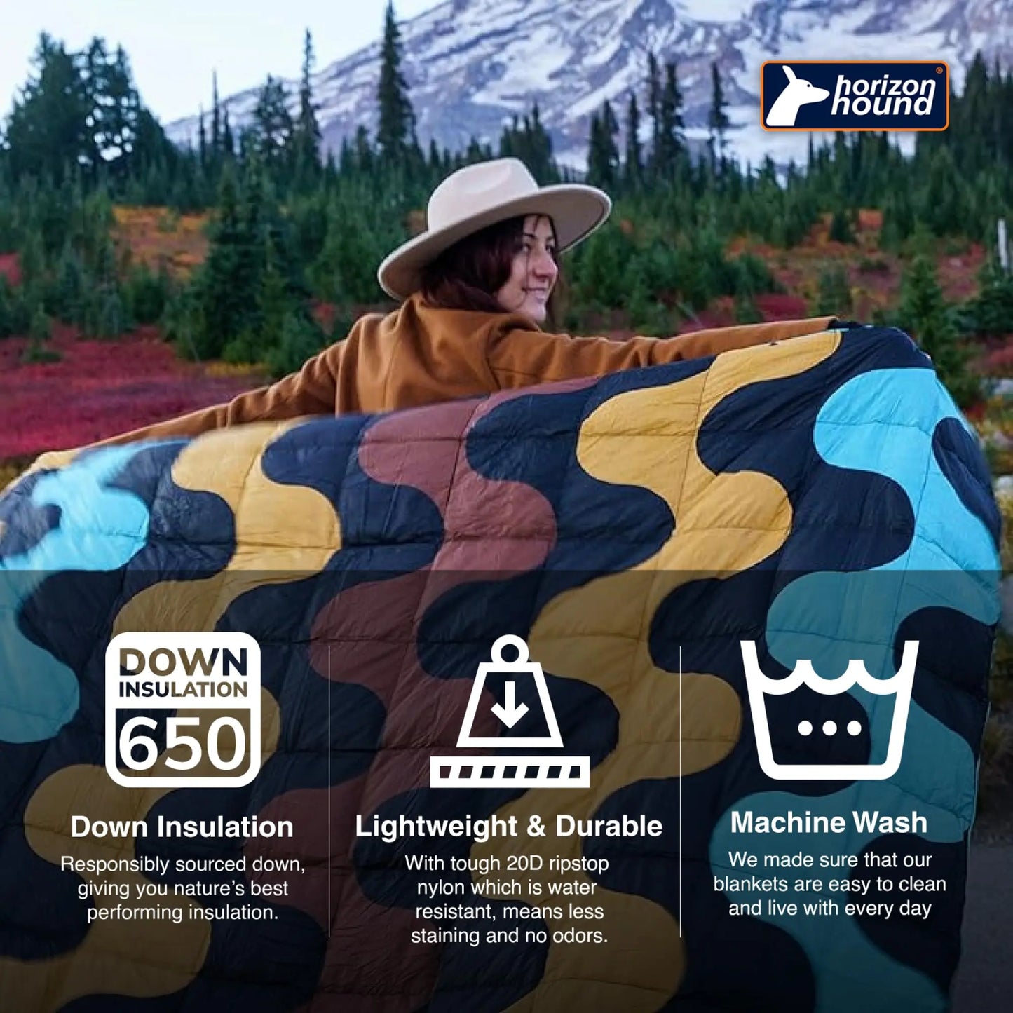 Horizon Hound Down Camping Blanket - Trek, Black Travel Blanket | Sustainable Insulated Down | Lightweight & Warm Quilt for Camping, Stadium, Hiking & Festival | Water Resistant, Packable & Compact Horizon Hound