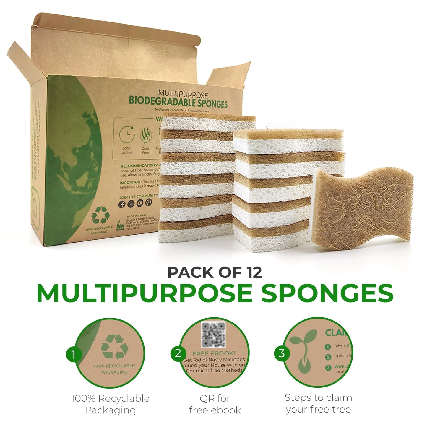 AIRNEX Natural Kitchen Sponge - Biodegradable Compostable Cellulose and Coconut Scrubber Sponge - Pack of 12 Eco Friendly Sponges for Dishes - Planet First Market