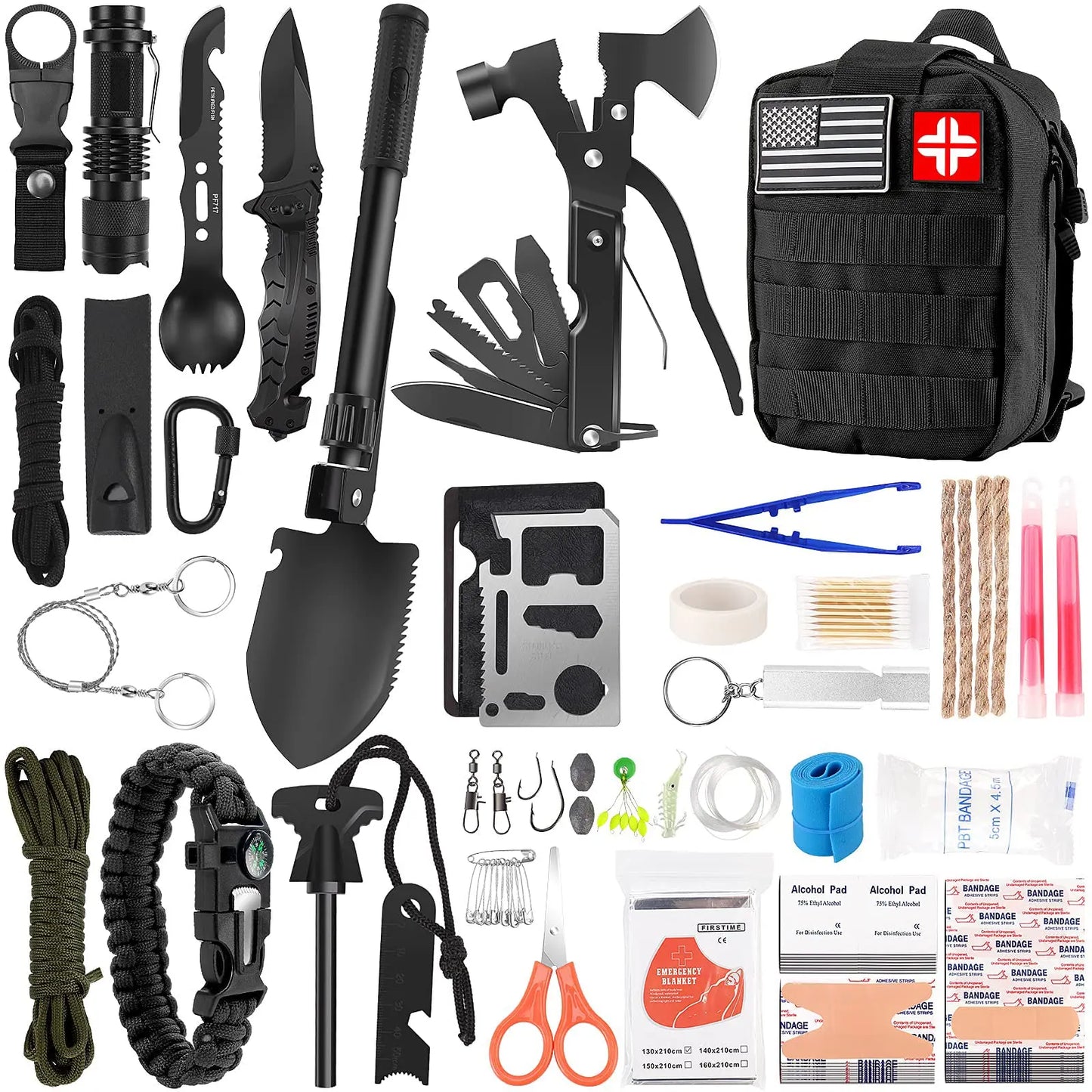 Survival Kit and First Aid Kit, 142Pcs Professional Survival Gear and Equipment with Molle Pouch, for Men Dad Husband Who Likes Camping Outdoor Adventure (Black) LUXMOM