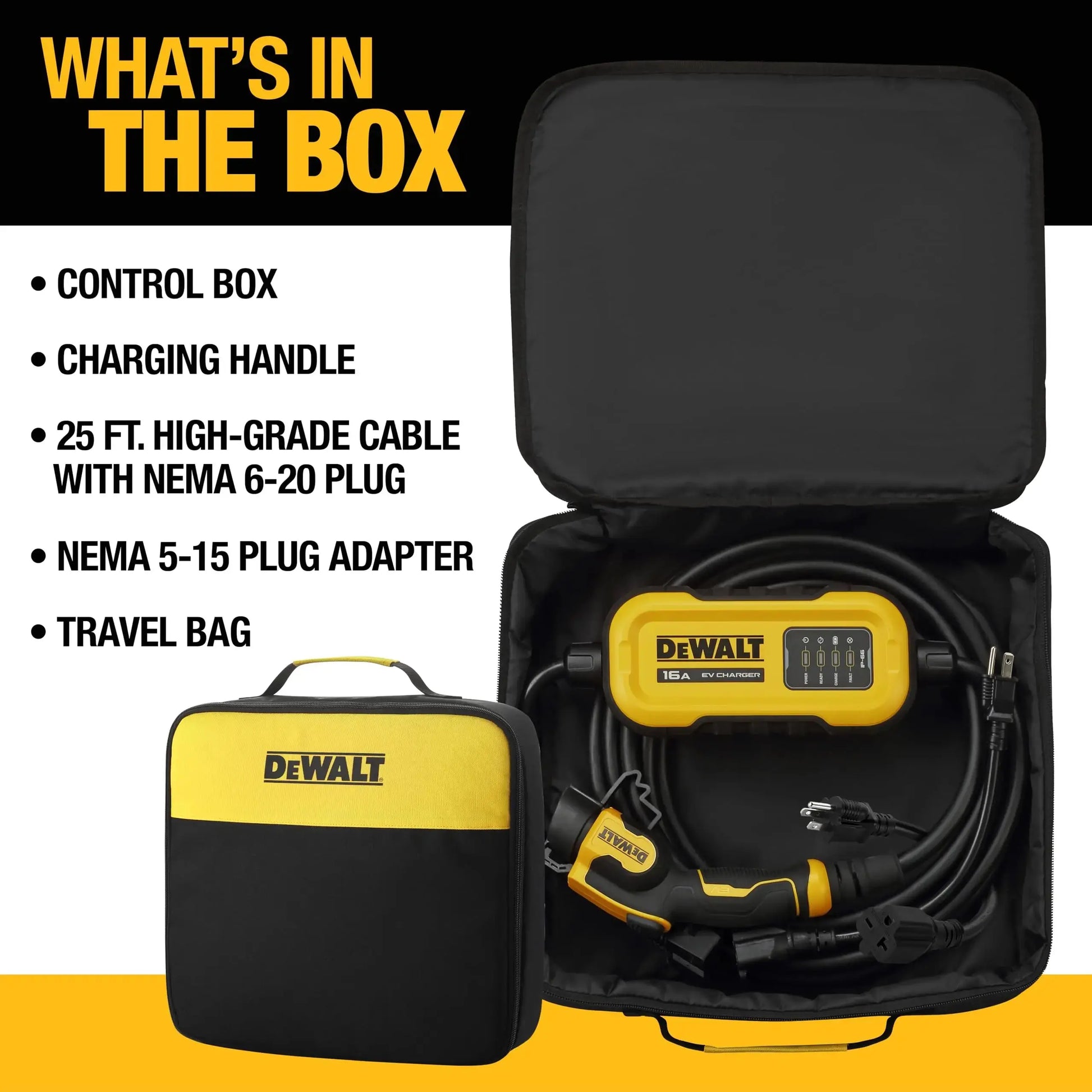 DEWALT Level 1 & 2 Portable Electric Vehicle (EV) Charger, 16 Amps, 120-240V, CSA Certified Indoor/Outdoor, NEMA 6-20 with 5-15 Adapter Included, 25 ft. Cable, 2024 Model - Planet First Market