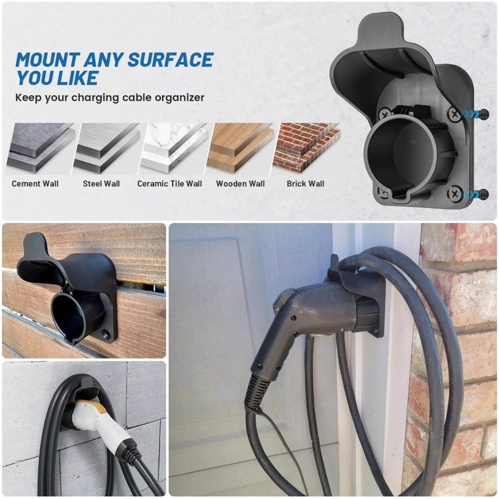 MECMO EV Charger Holder Waterproof for SAE J1772, Wall Mount Nozzle Holster Dock for Indoor Outdoor, Electric Vehicle EVSE PHEV Charging Plug Cable Hanger Cord Organizer, PC Heat Resistance -22~122℉ - Planet First Market