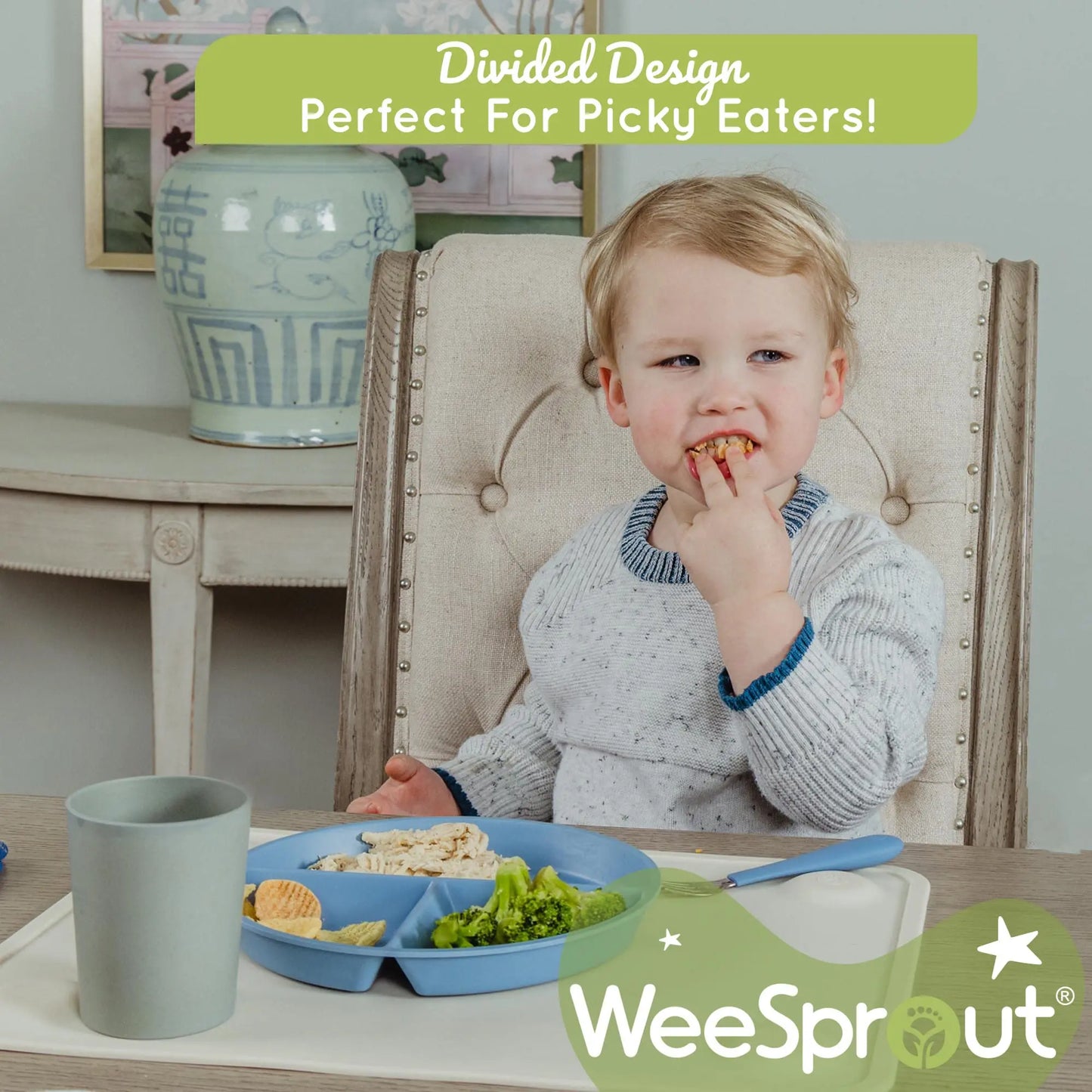 WeeSprout Divided Bamboo Plates for Kids, Kids Plates Made With Food Grade Natural Bamboo, Divided Design for Picky Eaters, Kid-Sized Reusable Tableware, Dishwasher Safe Dinnerware, Set of 4 - Planet First Market