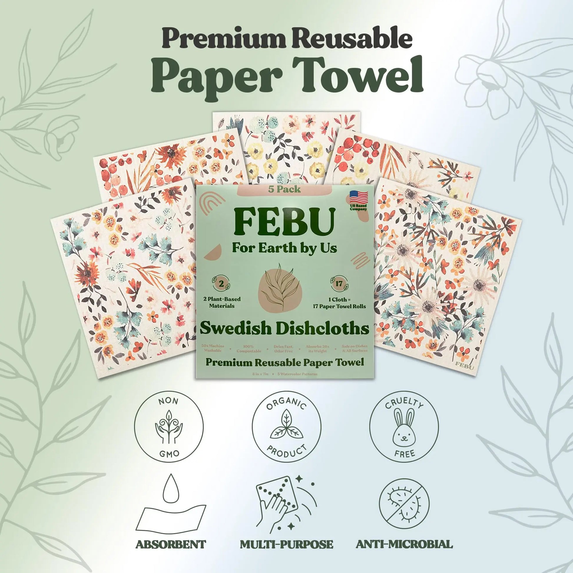 FEBU Swedish Dishcloths for Kitchen | 5 Pack Watercolor Reusable Paper Towels Washable | Swedish Dish Towels | Non-Scratch Cellulose Sponge Cloths | No Odor, Biodegradable Cleaning Cloths - Planet First Market