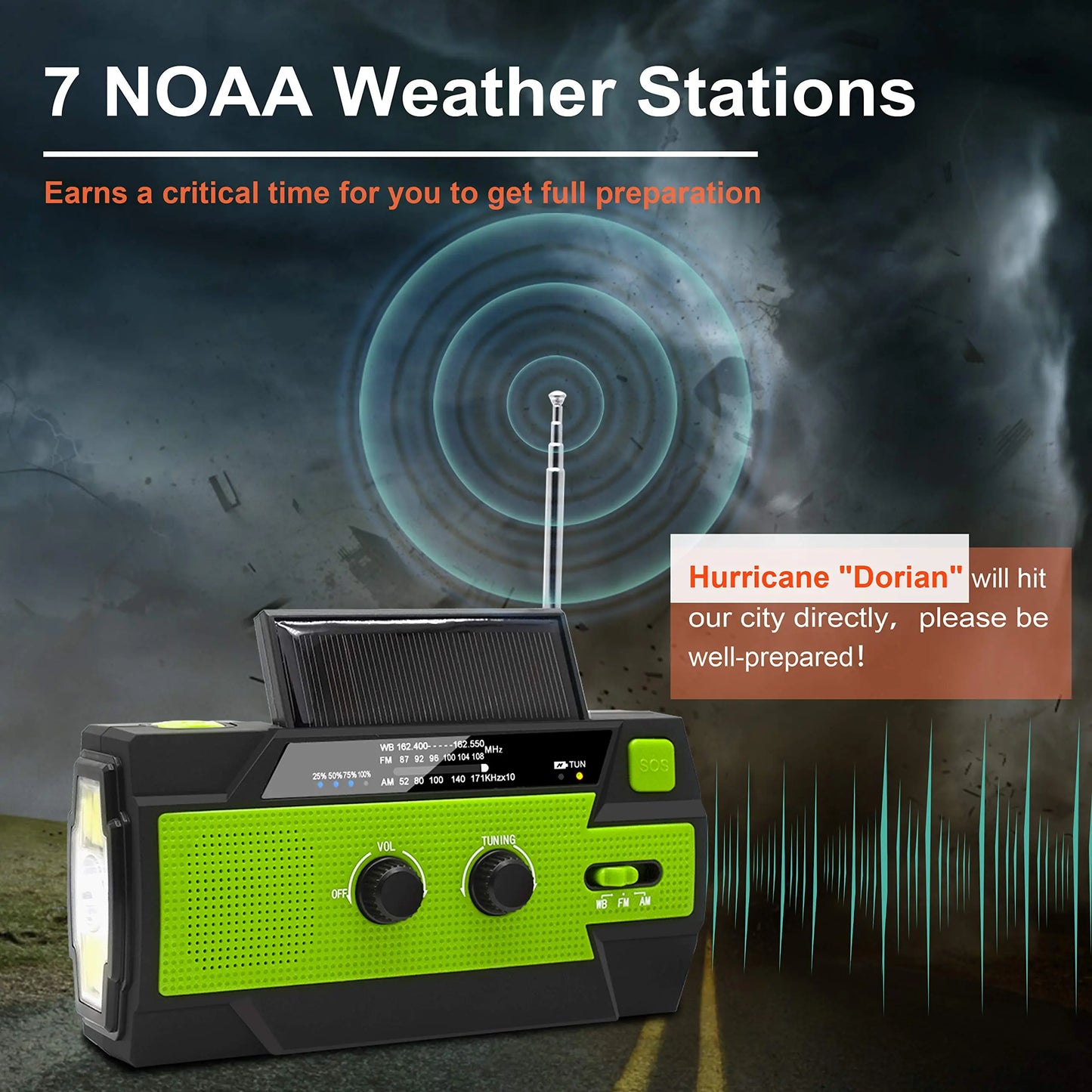 Emergency Crank Weather Radio, 4000mAh Solar Hand Crank Portable AM/FM/NOAA, with 1W 3 Mode Flashlight & Motion Sensor Reading Lamp, Cell Phone Charger, SOS for Home and Emergency Green - Planet First Market