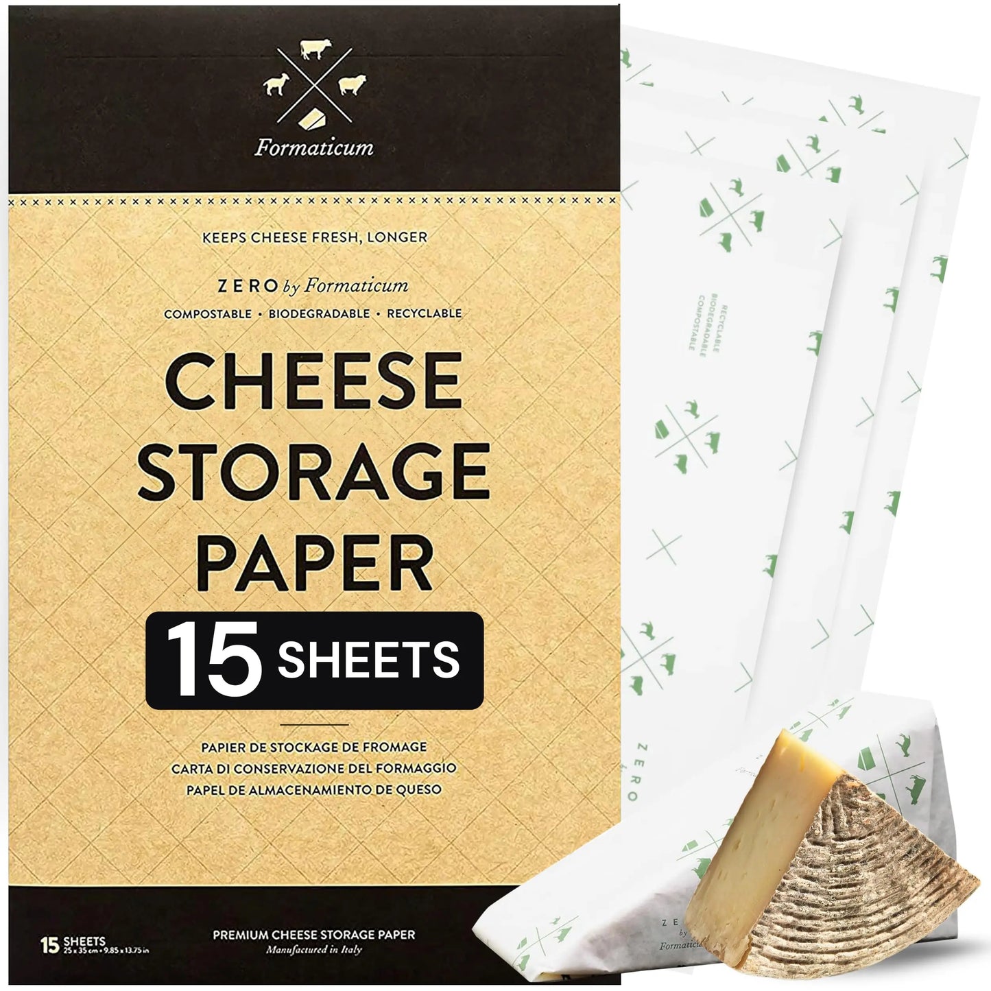 Formaticum Zero Cheese Storage Paper, Compostable, Biodegradable, and Plastic-Free Paper to Keep Cheese and Charcuterie Fresh, 9 x 13 Inches, 15 Total Sheets (1 Box) - Planet First Market