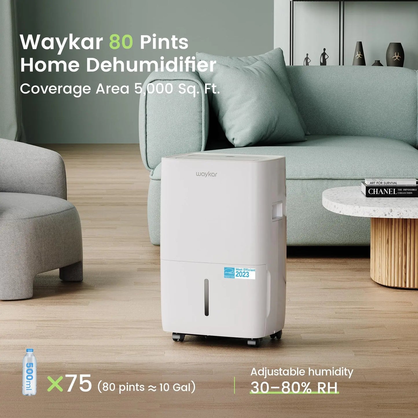 Waykar 80 Pints Energy Star Dehumidifier for Spaces up to 5,000 Sq. Ft at Home, in Basements and Large Rooms with Drain Hose and 1.14 Gallons Water Tank (JD025CE-80) - Planet First Market