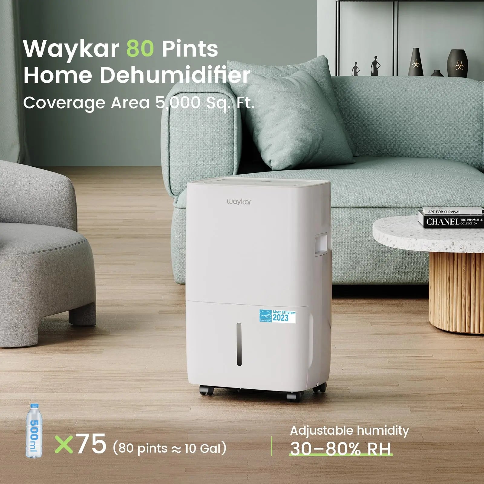 Waykar 80 Pints Energy Star Dehumidifier for Spaces up to 5,000 Sq. Ft at Home, in Basements and Large Rooms with Drain Hose and 1.14 Gallons Water Tank (JD025CE-80) - Planet First Market