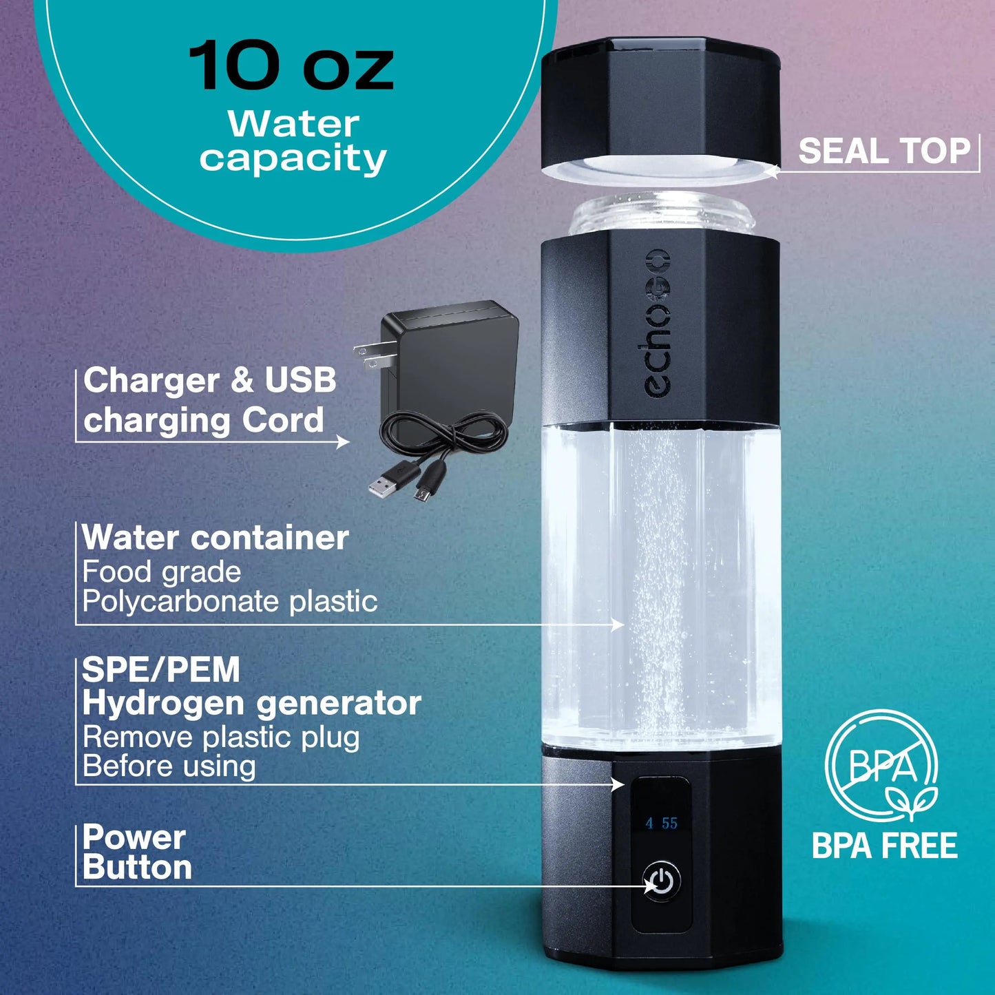 Echo Go+ Hydrogen Water Bottle - Water Ionizer Up to 4.5PPM - SPE & PEM Hydrogen Water Generator - Alternative to Hydrogen Water Pitcher - Black Hydrogenated Water Bottle - Planet First Market