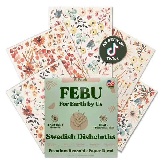 FEBU Swedish Dishcloths for Kitchen | 5 Pack Watercolor Reusable Paper Towels Washable | Swedish Dish Towels | Non-Scratch Cellulose Sponge Cloths | No Odor, Biodegradable Cleaning Cloths - Planet First Market