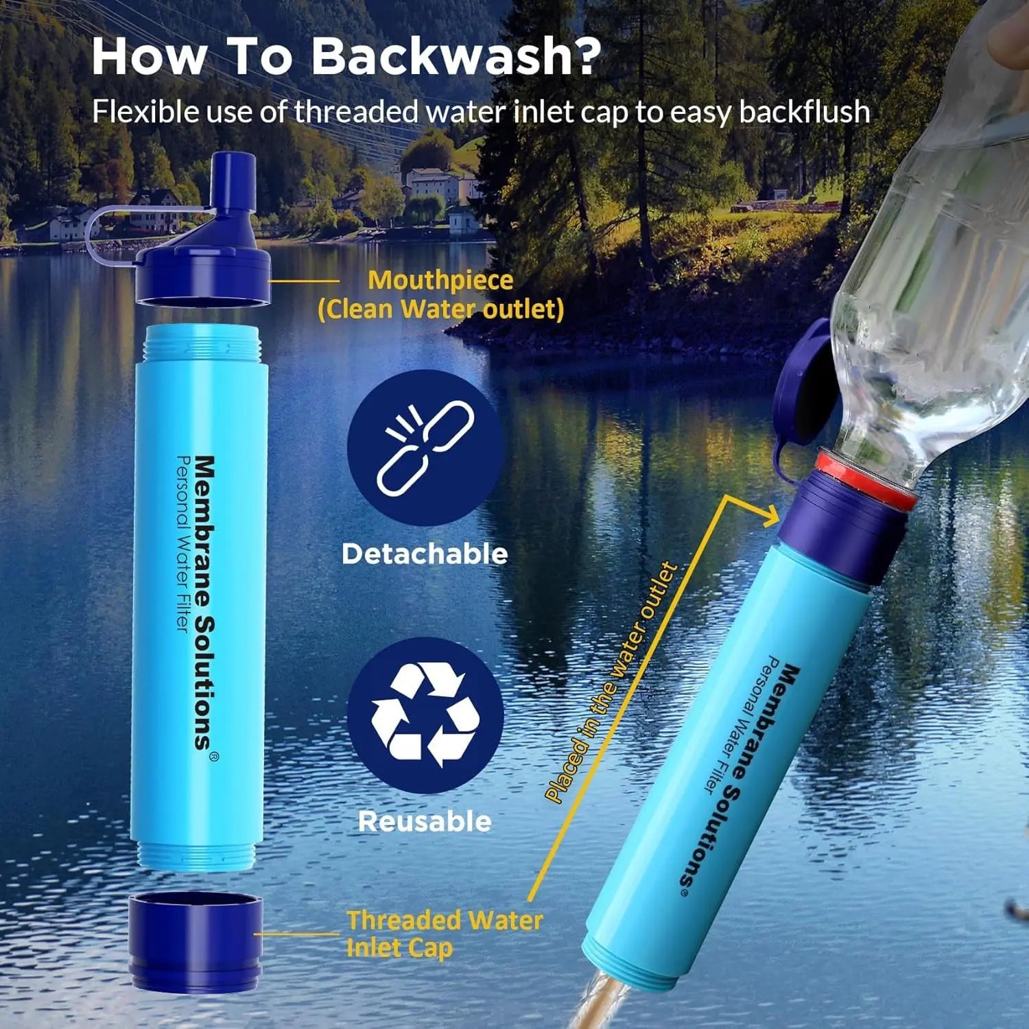 Membrane Solutions Portable Water Filter Straw Filtration Straw Purifier Survival Gear for Hiking, Camping, Travel, and Emergency, Blue, 4 pack - Planet First Market