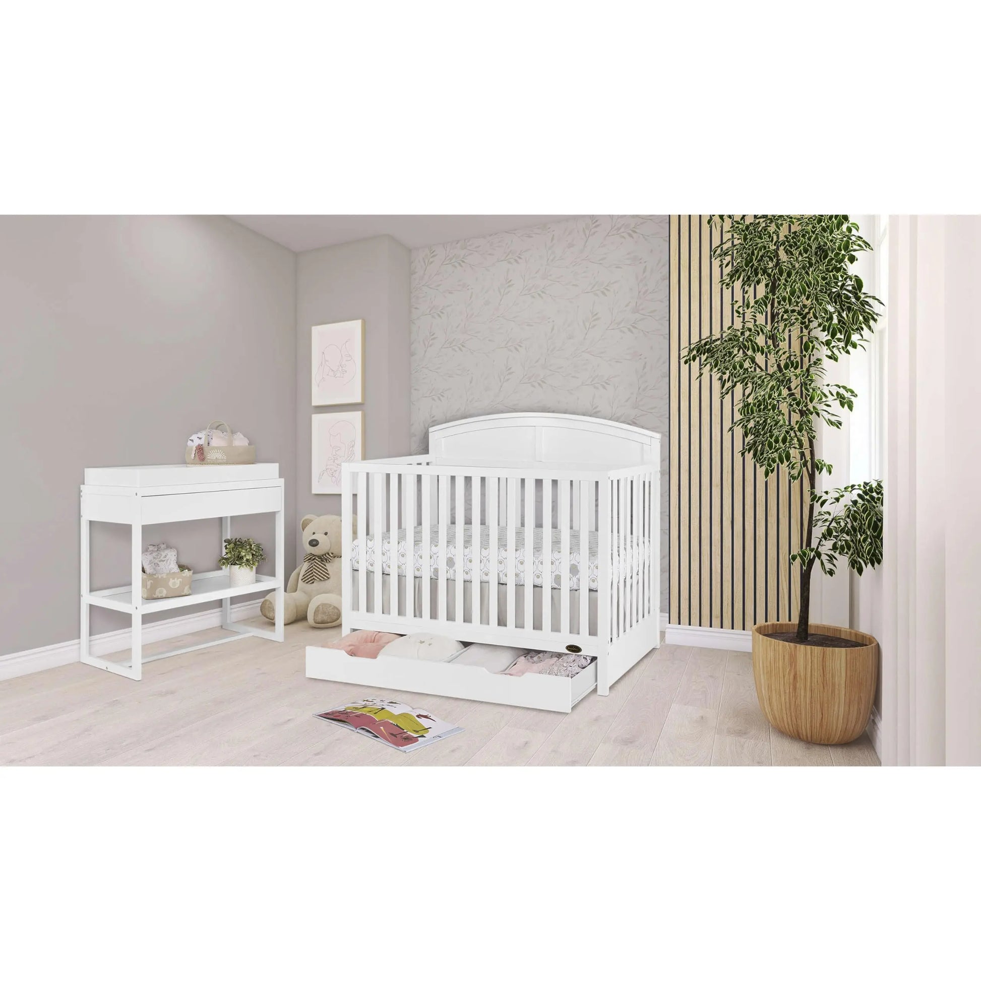 Dream On Me Storybrooke 5 in 1 Convertible Crib with Storage Drawer in White, JPMA & Greenguard Gold Certified, Made of Sustainable Pinewood, Non-Toxic Water-Based Paint Finish - Planet First Market