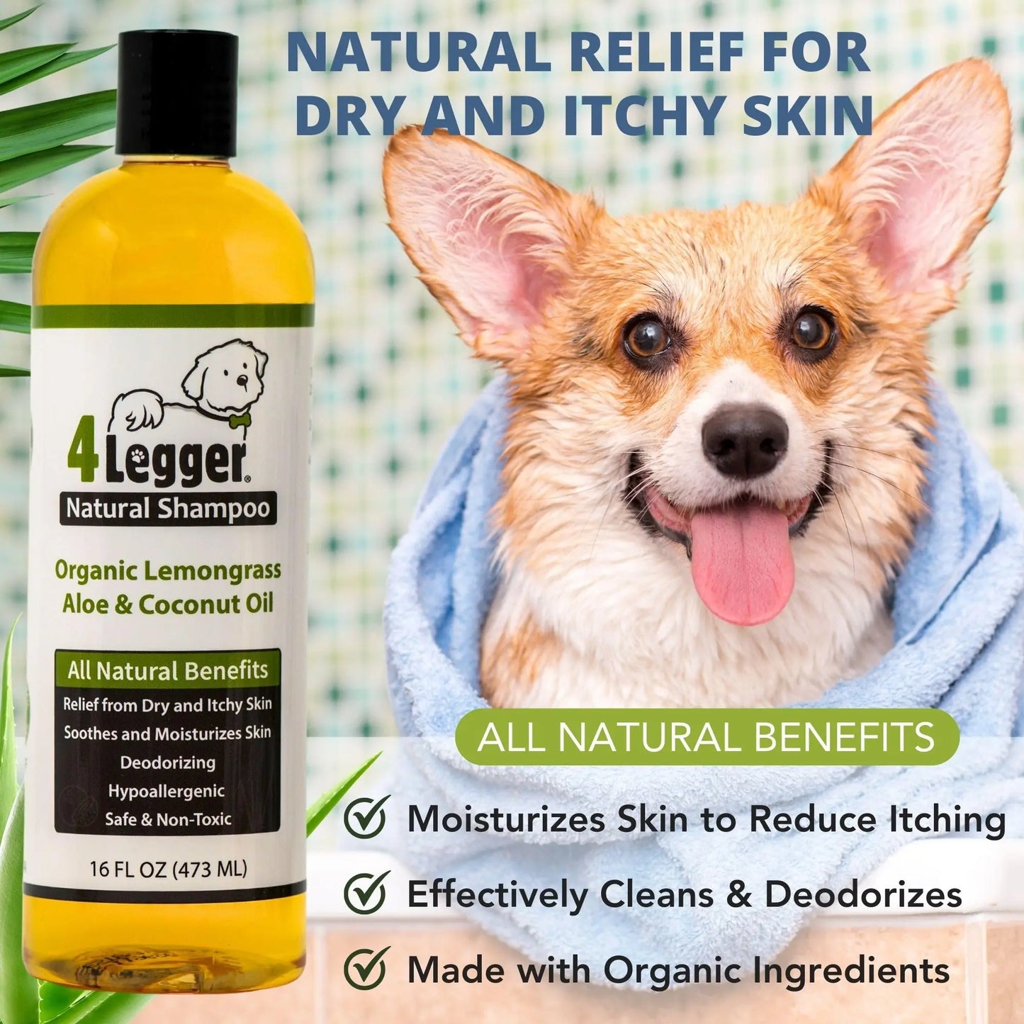 4-Legger Certified Organic Dog Shampoo - All Natural and Hypoallergenic with Aloe and Lemongrass, Soothing for Normal, Dry, Itchy or Allergy Sensitive Skin - Biodegradable - Made in USA - 16 oz 4Legger