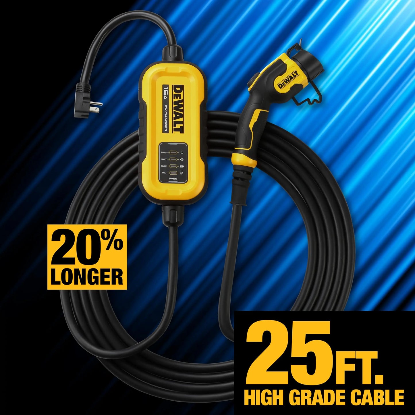 DEWALT Level 1 & 2 Portable Electric Vehicle (EV) Charger, 16 Amps, 120-240V, CSA Certified Indoor/Outdoor, NEMA 6-20 with 5-15 Adapter Included, 25 ft. Cable, 2024 Model - Planet First Market