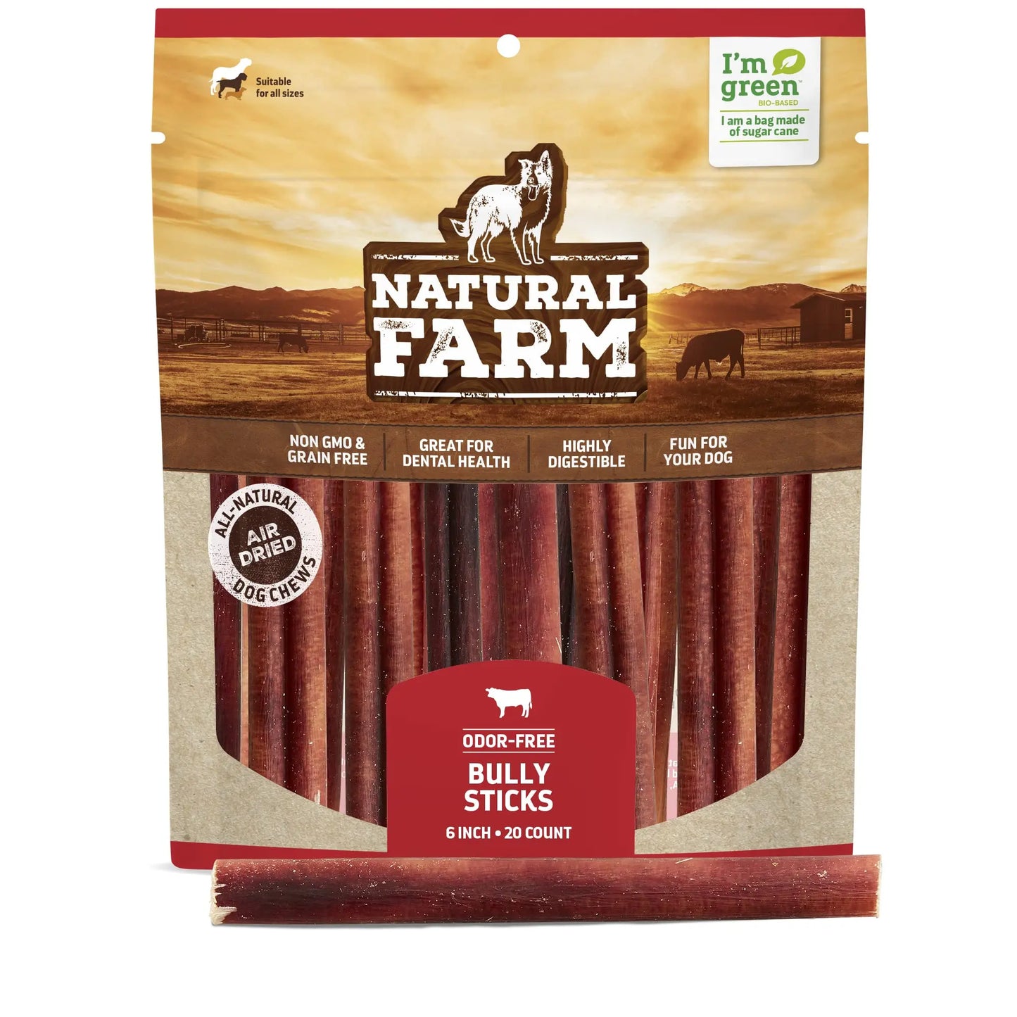 Natural Farm Odor-Free Bully Sticks (6 Inch, 20 Pack), 100% Beef Chews for Pups, Small and Medium Dogs, Non-GMO, Grain-Free, Fully Digestible, Natural Treats to Keep Your Dog Busy - Planet First Market