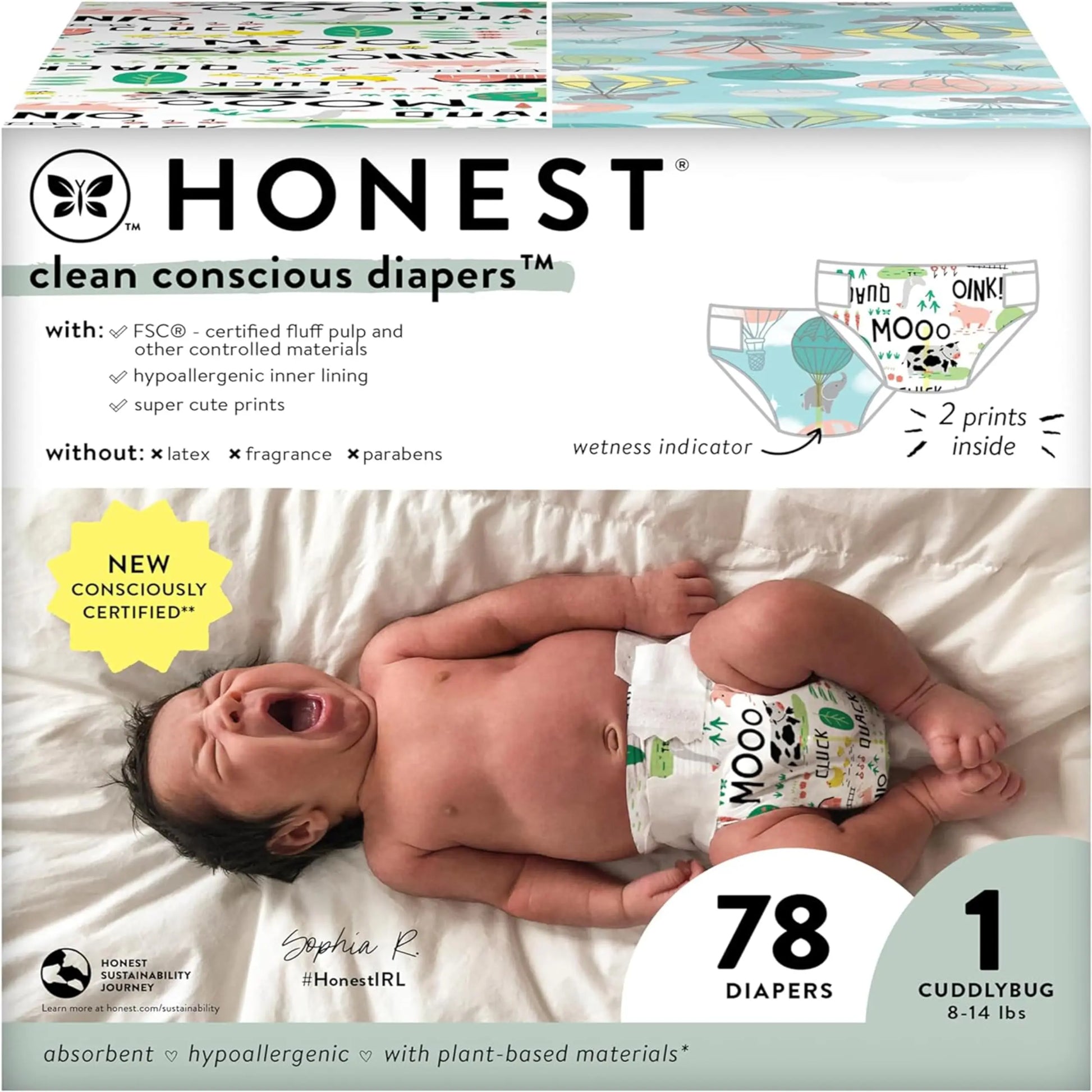 The Honest Company Clean Conscious Diapers | Plant-Based, Sustainable | Above It All + Barnyard Babies | Club Box, Size 1 (8-14 lbs), 78 Count - Planet First Market