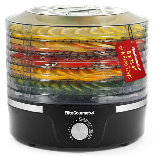 Elite Gourmet EFD319 Food Dehydrator, 5 BPA-Free 11.4" Trays Adjustable Temperature Controls, Jerky, Herbs, Fruit, Veggies, Dried Snacks, Black - Planet First Market