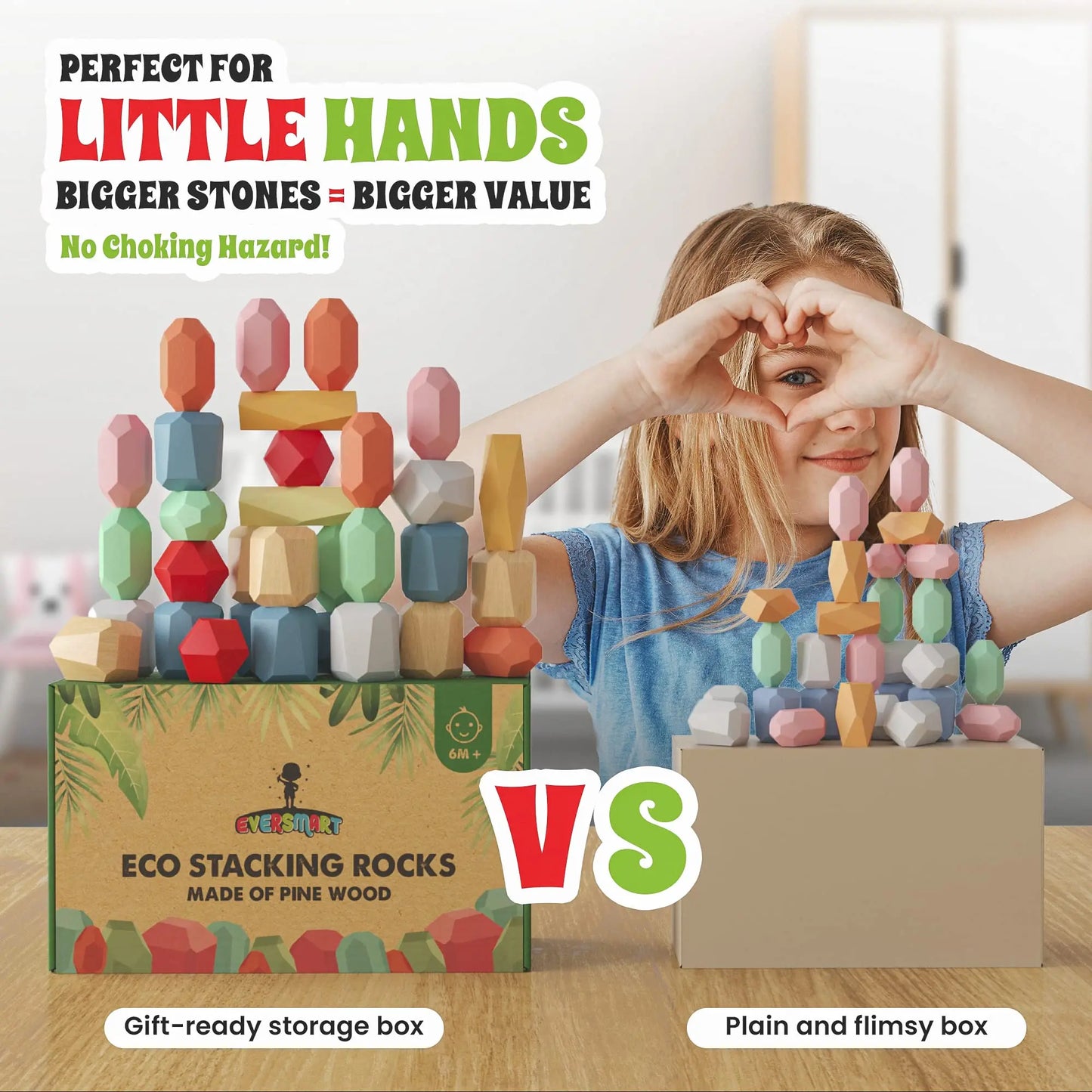 EVERSMART 36 Pcs Wooden Stacking Blocks – Montessori Toys for 1 2 3 4 5 6 Year Old Toddlers and Kids, XL Rocks, No Choking Hazard – Sensory STEM Building Stones, for Girls and Boys EVERSMART