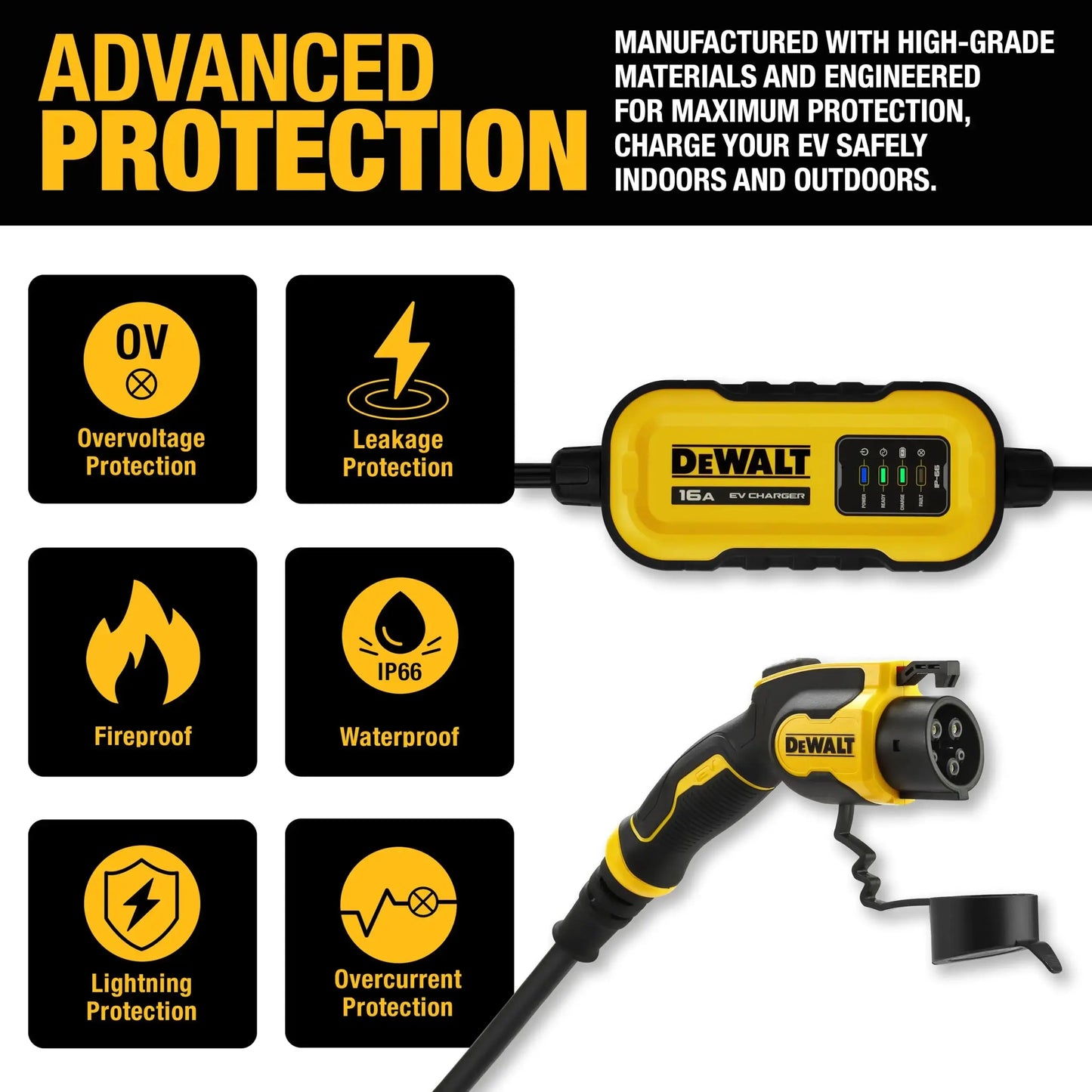 DEWALT Level 1 & 2 Portable Electric Vehicle (EV) Charger, 16 Amps, 120-240V, CSA Certified Indoor/Outdoor, NEMA 6-20 with 5-15 Adapter Included, 25 ft. Cable, 2024 Model - Planet First Market