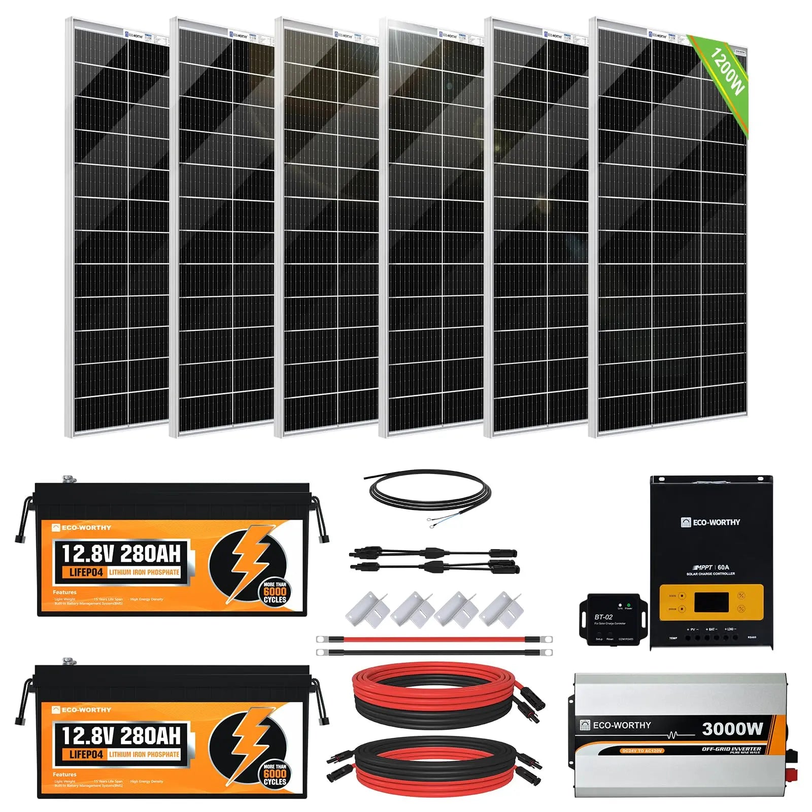 [Ultra] ECO-WORTHY 1200W 24V 5.52KWH Lithium Battery Solar System Off Grid:6pcs 195W Bifacial Solar Panels+2Pcs 12.8V 280Ah Lithium Battery+60A MPPT Charge Controller+3000W Pure Sine Wave Inverter - Planet First Market