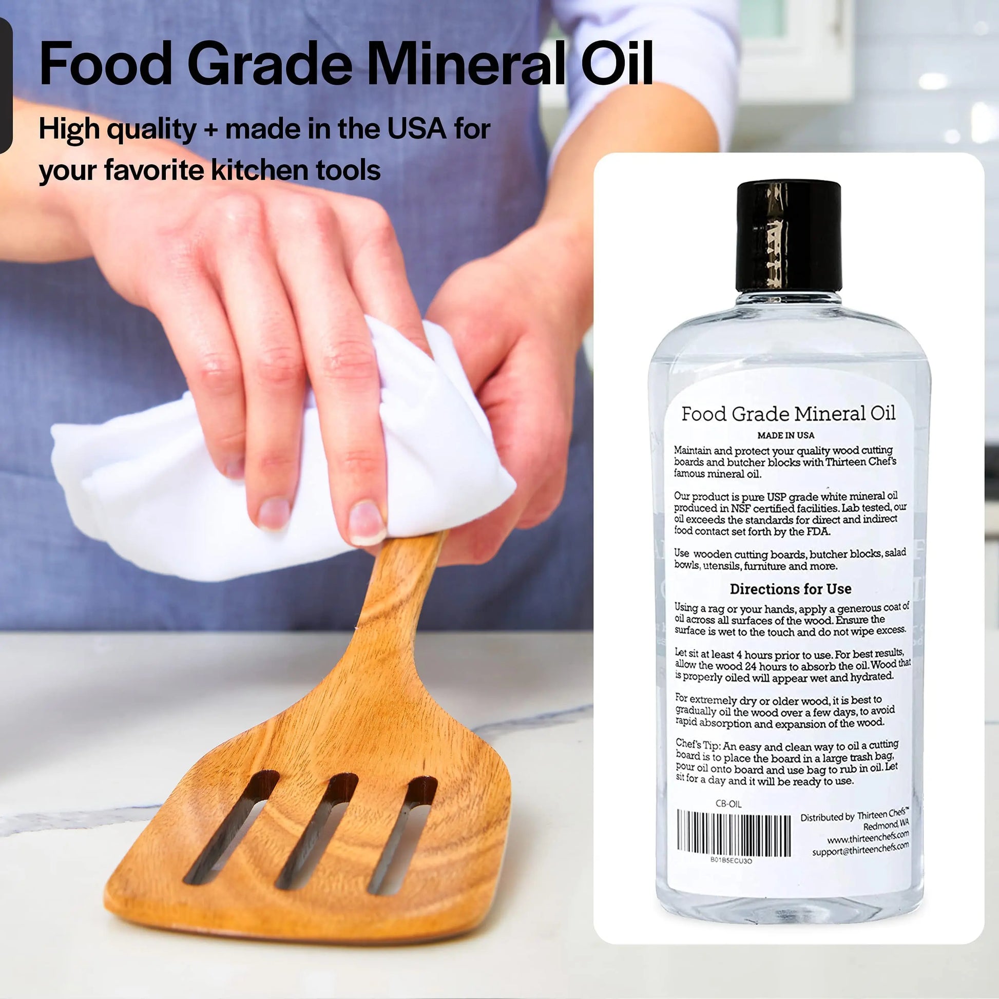 Thirteen Chefs Mineral Oil - 8 oz Food Grade Conditioner for Wood Cutting Board, Countertop & Butcher Block, Lubricant for Knife or Meat Grinder - Safe USP Finish on Marble, Soapstone - Planet First Market