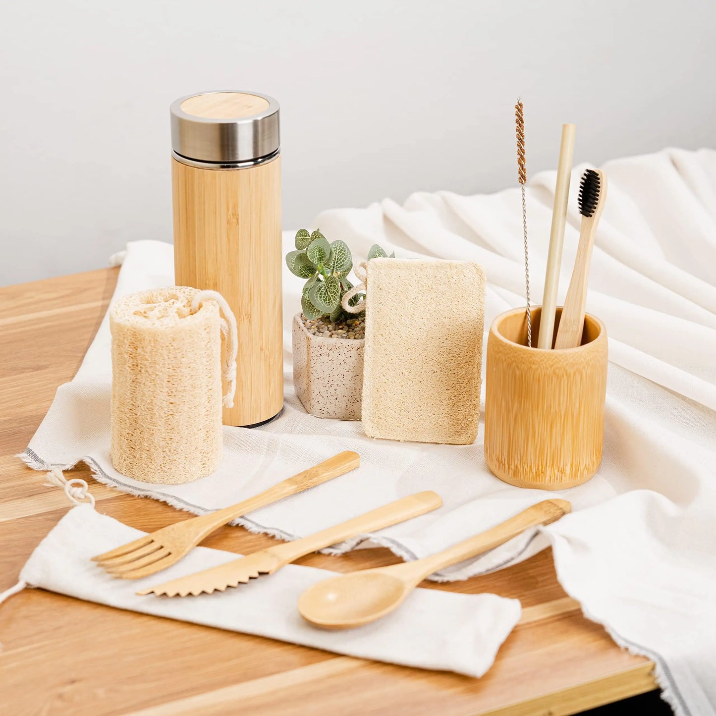 Zero Waste Starter Kit | Sustainable Gifts | Bamboo Stainless Steel Thermos | Mesh Bag | Eco-Friendly Gift Set | Reusable & Biodegradable Environmental Home Kitchen Products | Low Waste Packaging - Planet First Market