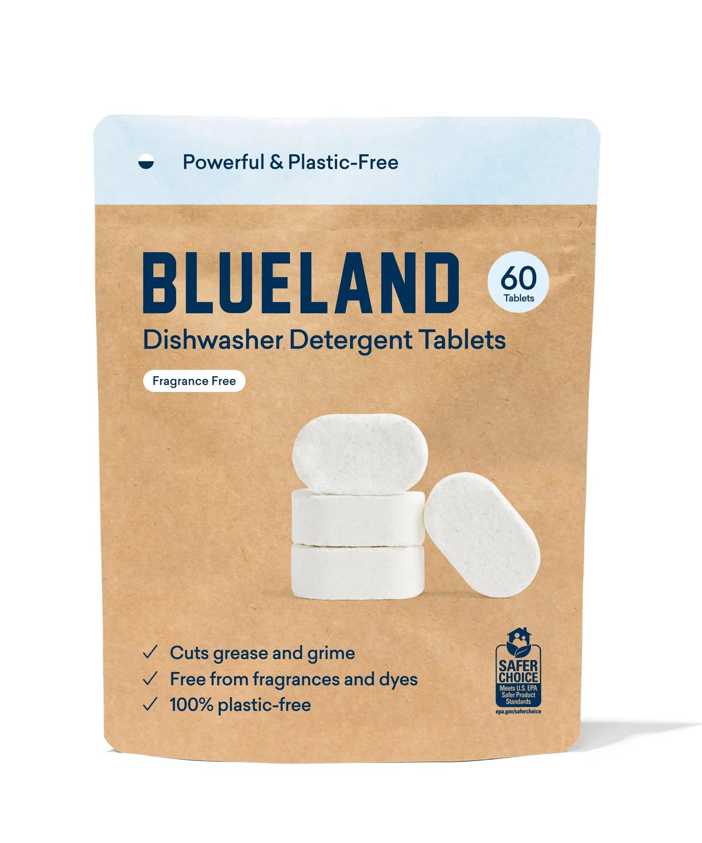 BLUELAND Dishwasher Detergent Tablet Refill 60 Count- Plastic-Free & Eco Friendly Alternative to Liquid Pods or Sheets - Natural, Sustainable - 60 Washes - Planet First Market