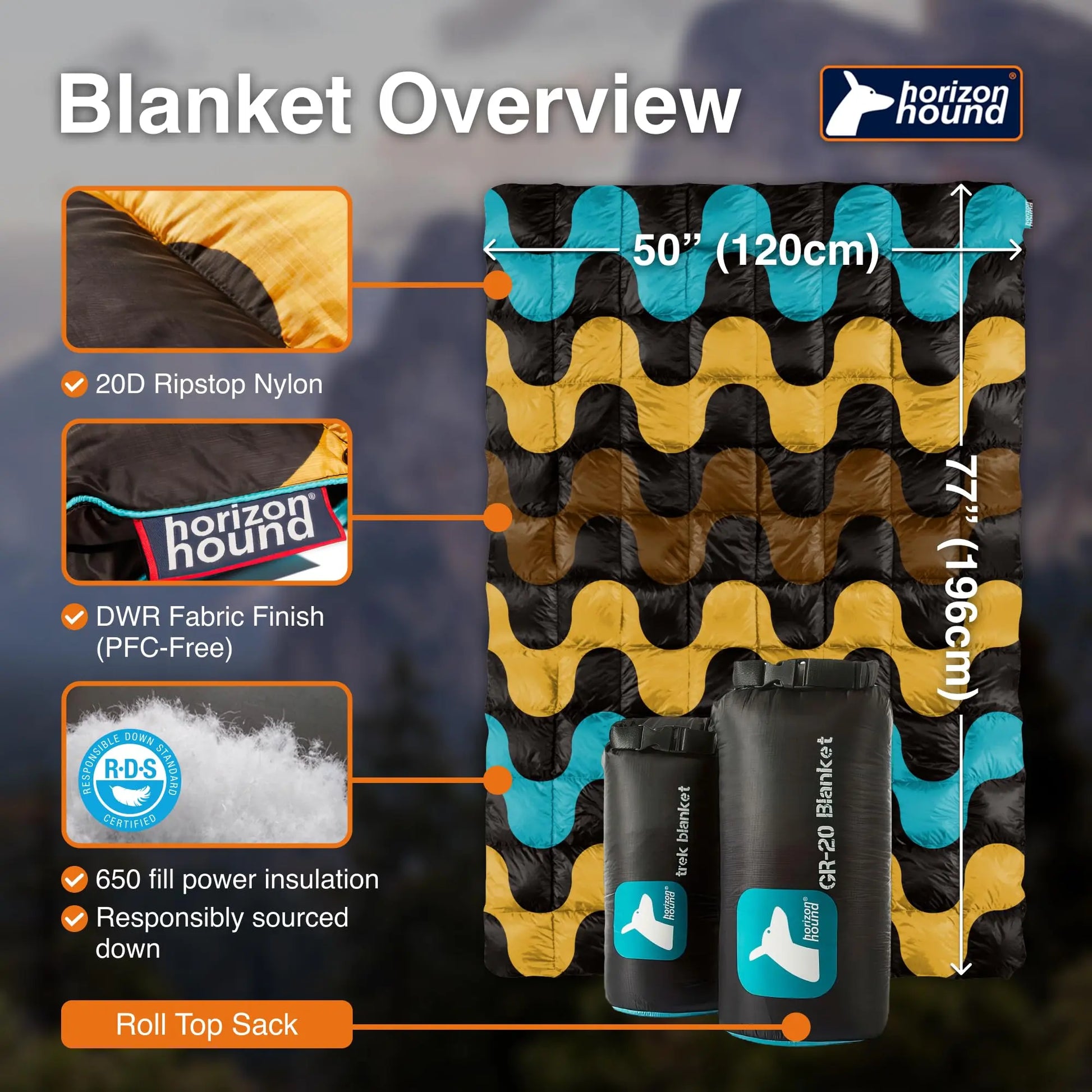 Horizon Hound Down Camping Blanket - Trek, Black Travel Blanket | Sustainable Insulated Down | Lightweight & Warm Quilt for Camping, Stadium, Hiking & Festival | Water Resistant, Packable & Compact Horizon Hound